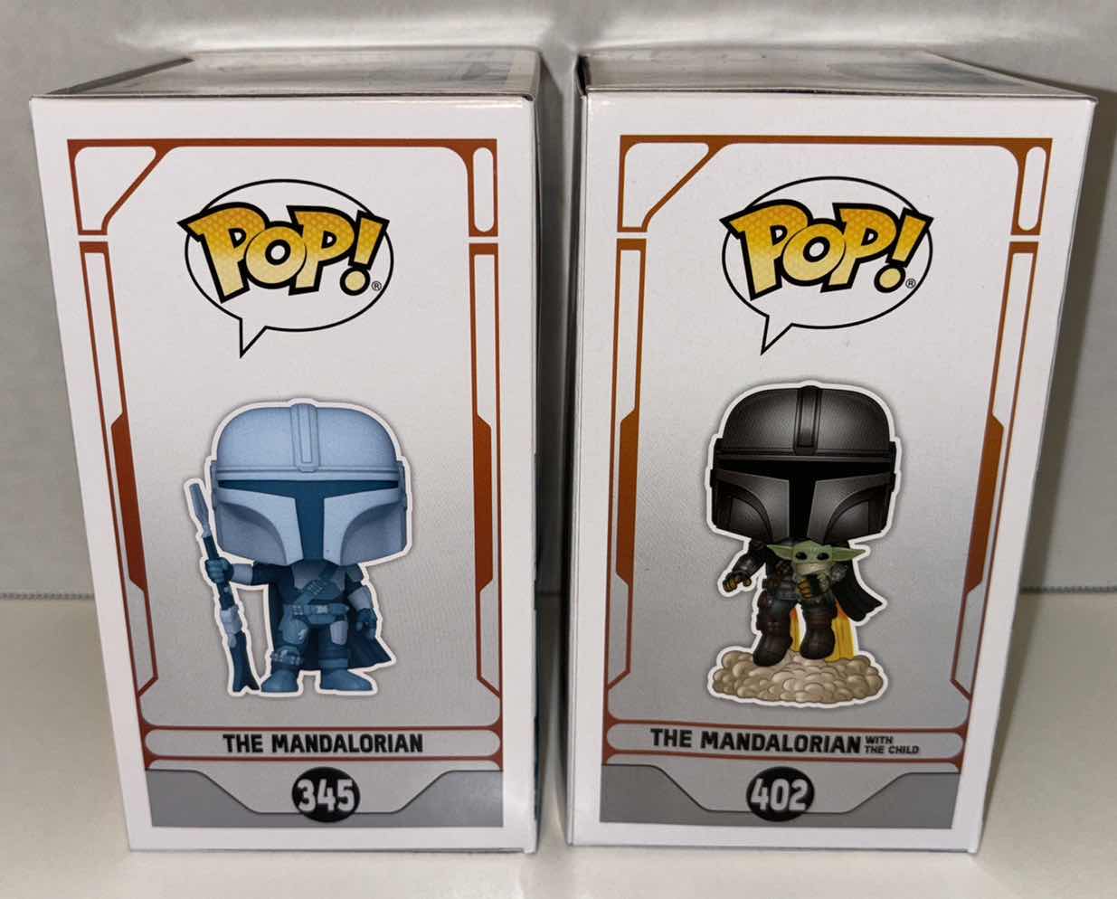 Photo 5 of NEW FUNKO POP! STAR WARS BOBBLE-HEAD VINYL FIGURES, #345 THE MANDALORIAN (GLOW IN THE DARK) & #402 THE MANDALORIAN WITH THE CHILD