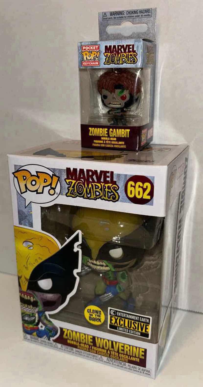 Photo 1 of NEW FUNKO POP! MARVEL ZOMBIES BOBBLE-HEAD FIGURE & BOBBLE-HEAD KEYCHAIN, #662 ZOMBIE WOLVERINE (GLOW IN THE DARK) & ZOMBIE GAMBIT POCKET POP! KEYCHAIN