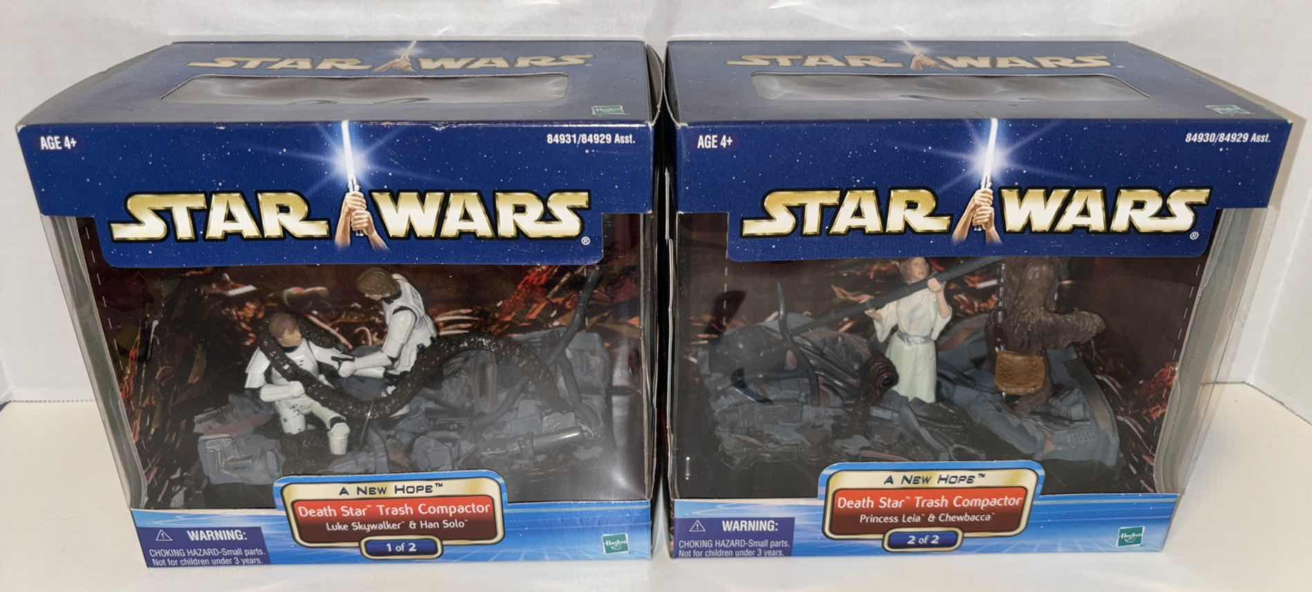 Photo 1 of NEW 2002 HASBRO STAR WARS A NEW HOPE DEATH STAR TRASH COMPACTOR SET OF 2, LUKE SKYWALKER & HAN SOLO (SET 1 OF 2) PRINCESS LEIA & CHEWBACCA (SET 2 OF 2)