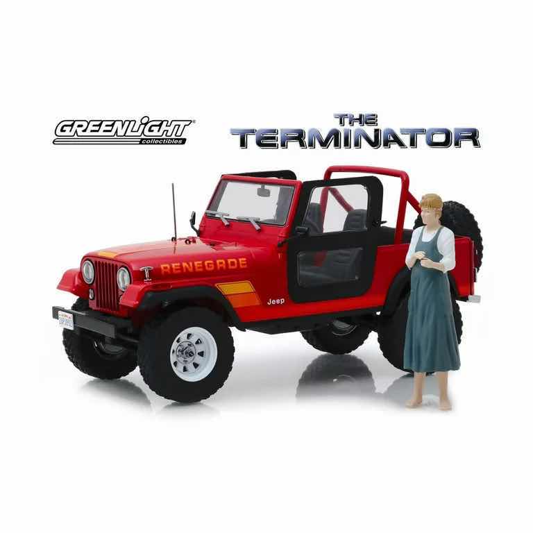 Photo 1 of NEW GREENLIGHT COLLECTIBLES 1:18 SCALE DIE-CAST VEHICLE W FIGURE, THE TERMINATOR 1983 JEEP CJ-7 RENEGADE W SARAH CONNOR FIGURE
