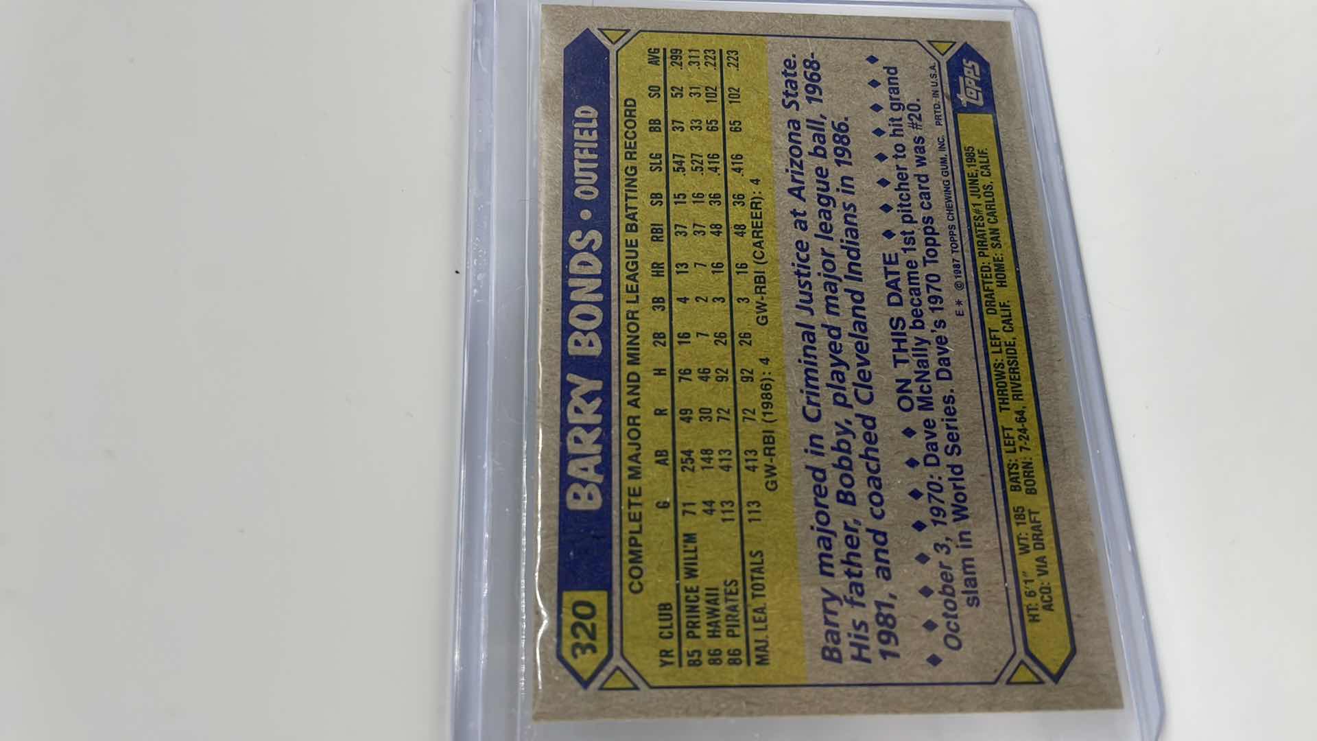 Photo 2 of 1987 BARRY BONDS TOPPS ERROR CARD 320