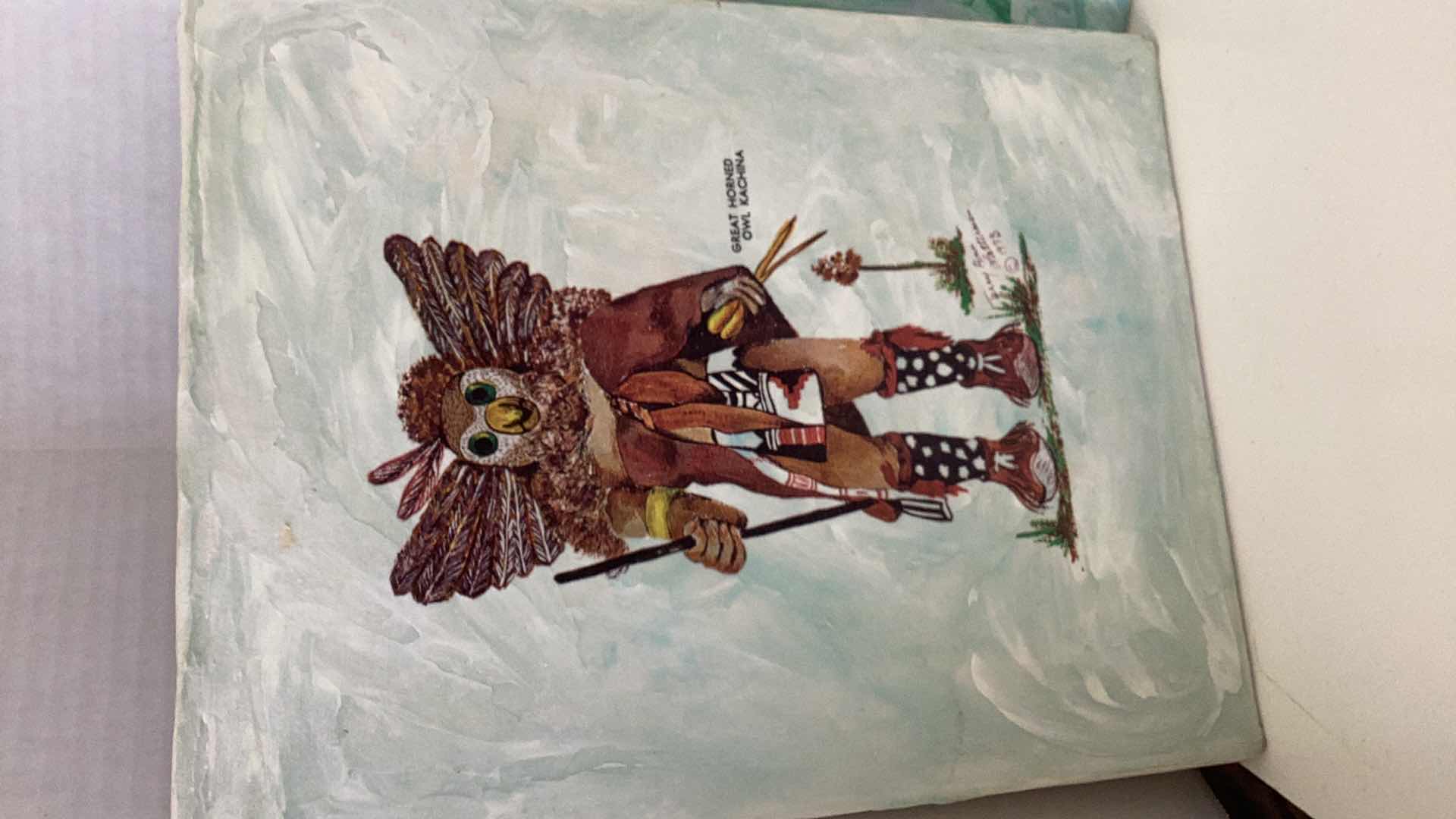 Photo 2 of THREE VINTAGE 1973 TERRY ANN LATTERMAN HAND PAINTED KACHINA PAINTINGS 11” X H 14” $40 EACH