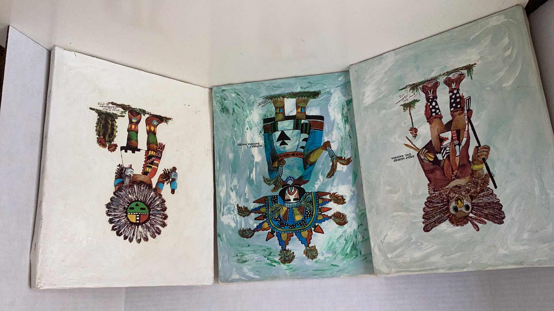 Photo 1 of THREE VINTAGE 1973 TERRY ANN LATTERMAN HAND PAINTED KACHINA PAINTINGS 11” X H 14” $40 EACH
