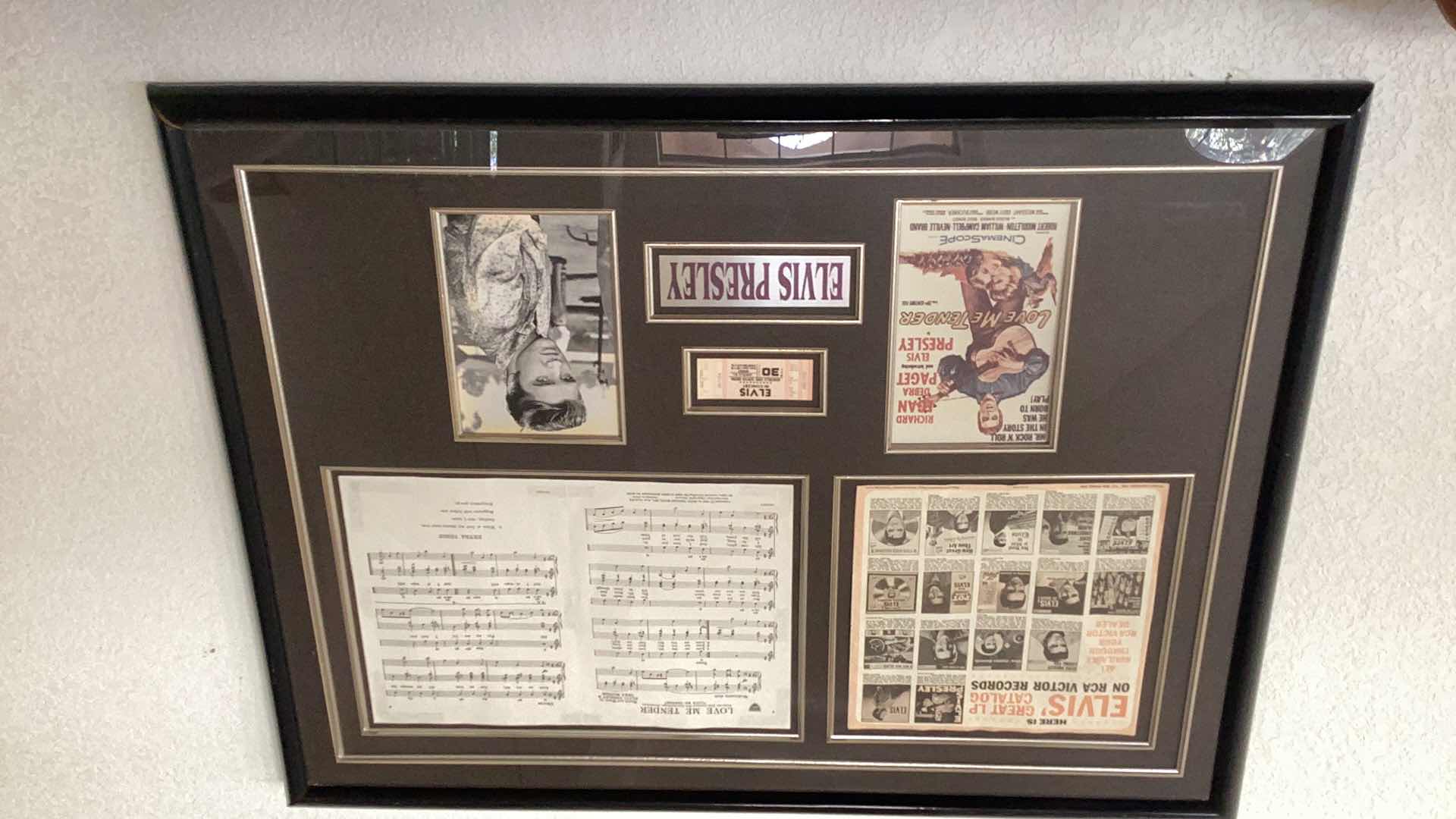 Photo 1 of VINTAGE LARGE ELVIS PRESLEY AUTOGRAPHED TRIBUTE: AUTO, CONCERT TICKET, AND LOVE ME TENDER SHEET MUSIC 41” X H 31”