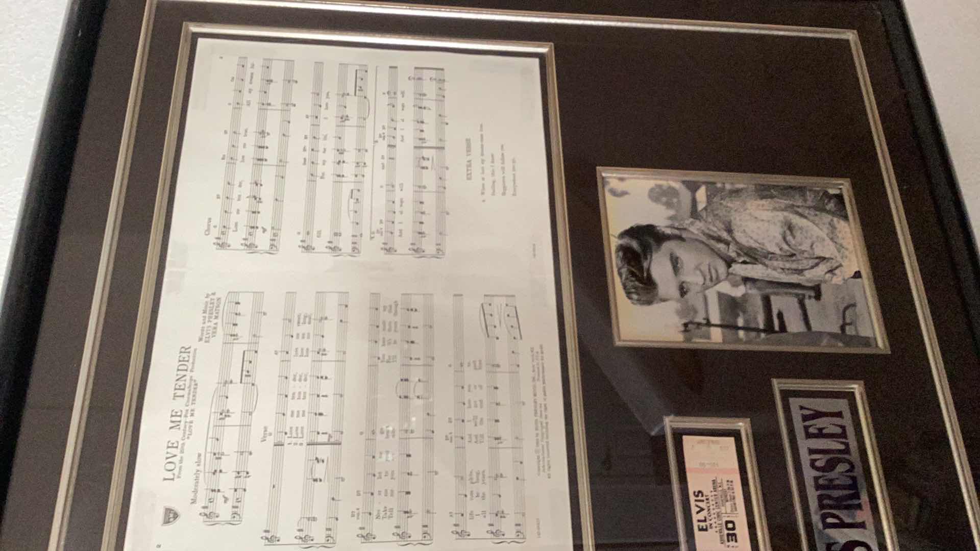 Photo 4 of VINTAGE LARGE ELVIS PRESLEY AUTOGRAPHED TRIBUTE: AUTO, CONCERT TICKET, AND LOVE ME TENDER SHEET MUSIC 41” X H 31”