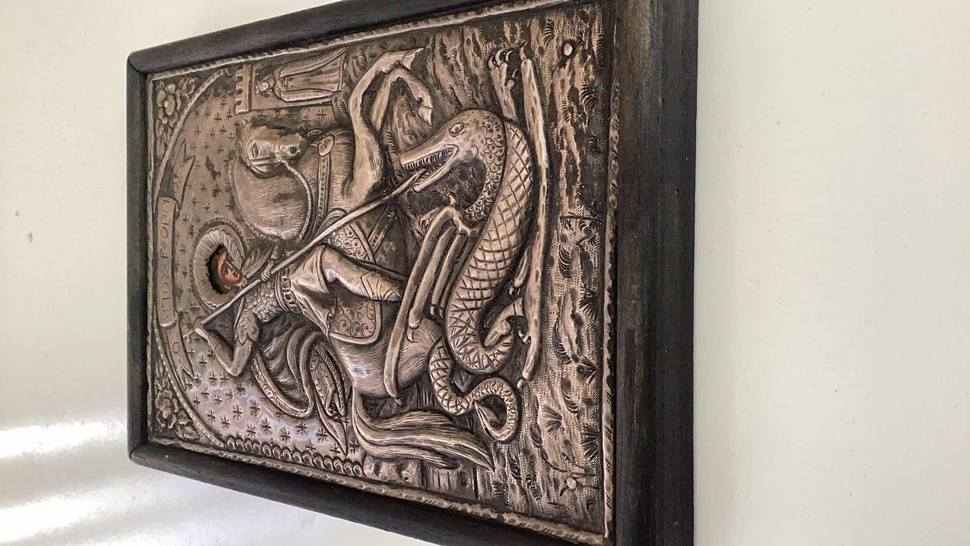 Photo 3 of SAINT GEORGE AND THE DRAGON ICON SILVER ON WOOD PLAQUE 6” X H 8” $200