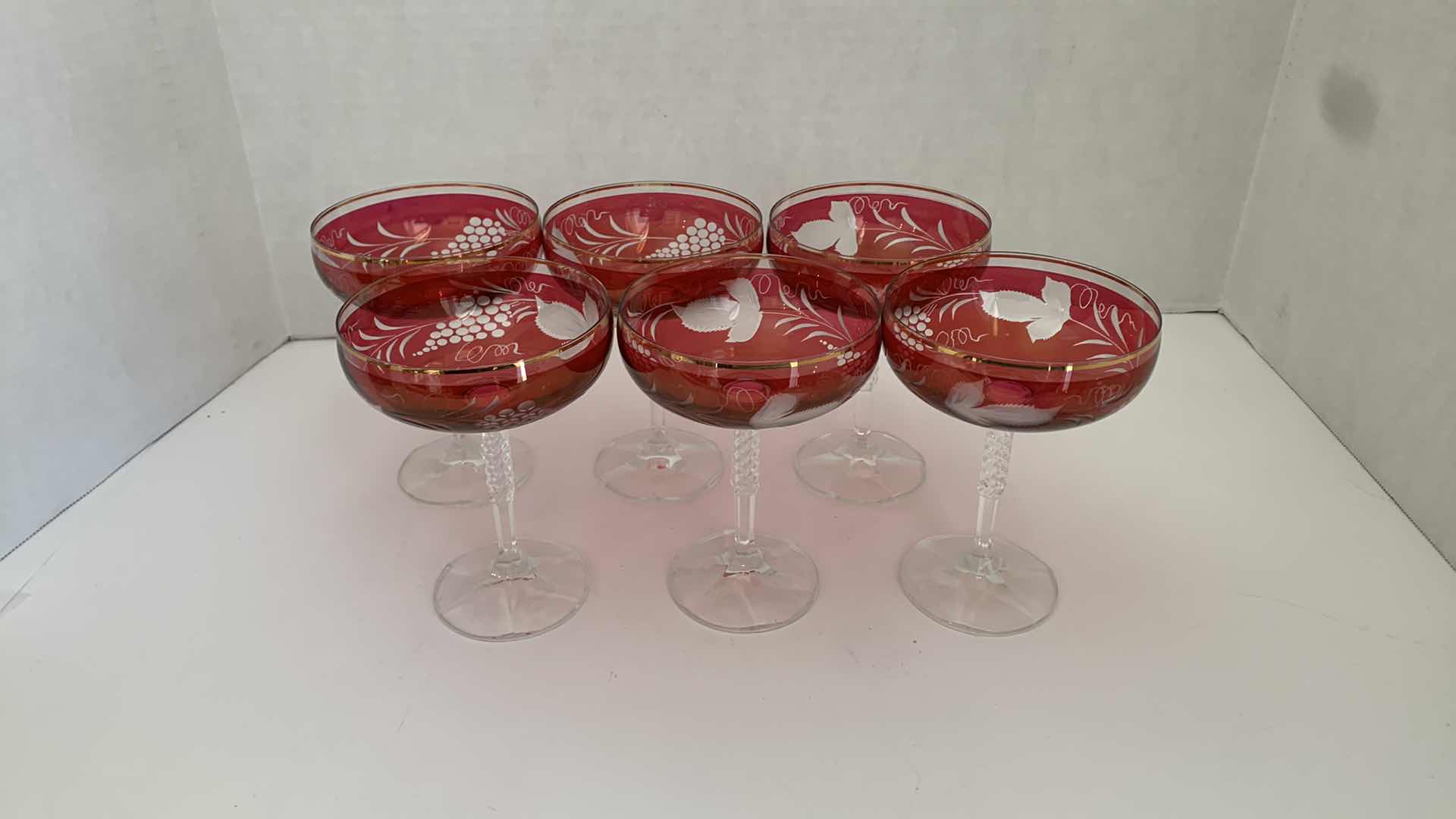 Photo 1 of SET OF 6 ECHT BLEIKRISTALL RED COUPE GLASSES H 5.5”