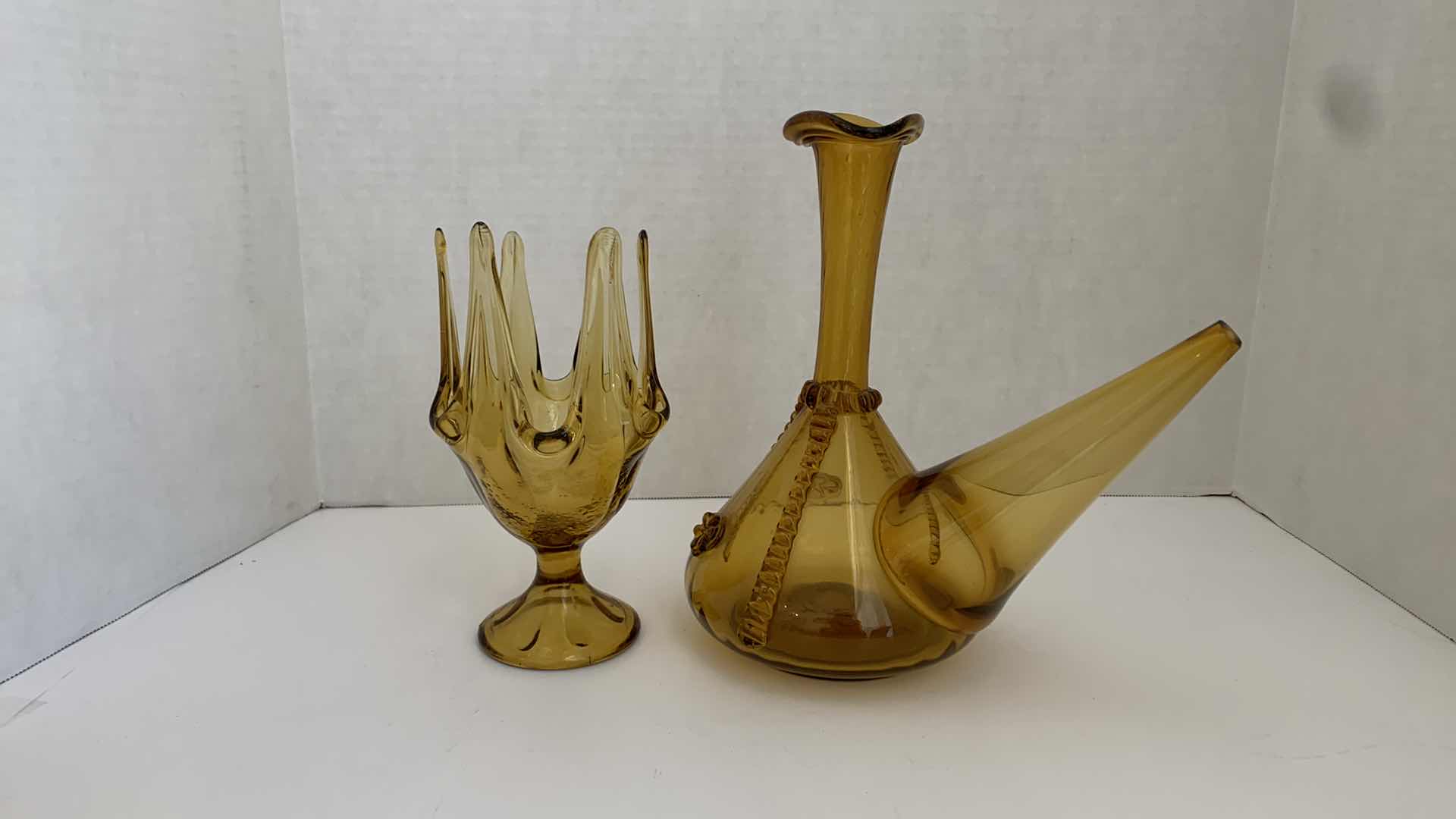Photo 1 of SET OF 2 VINTAGE AMBER GLASSWARE PIECES, PITCHER AND VASE H 10”