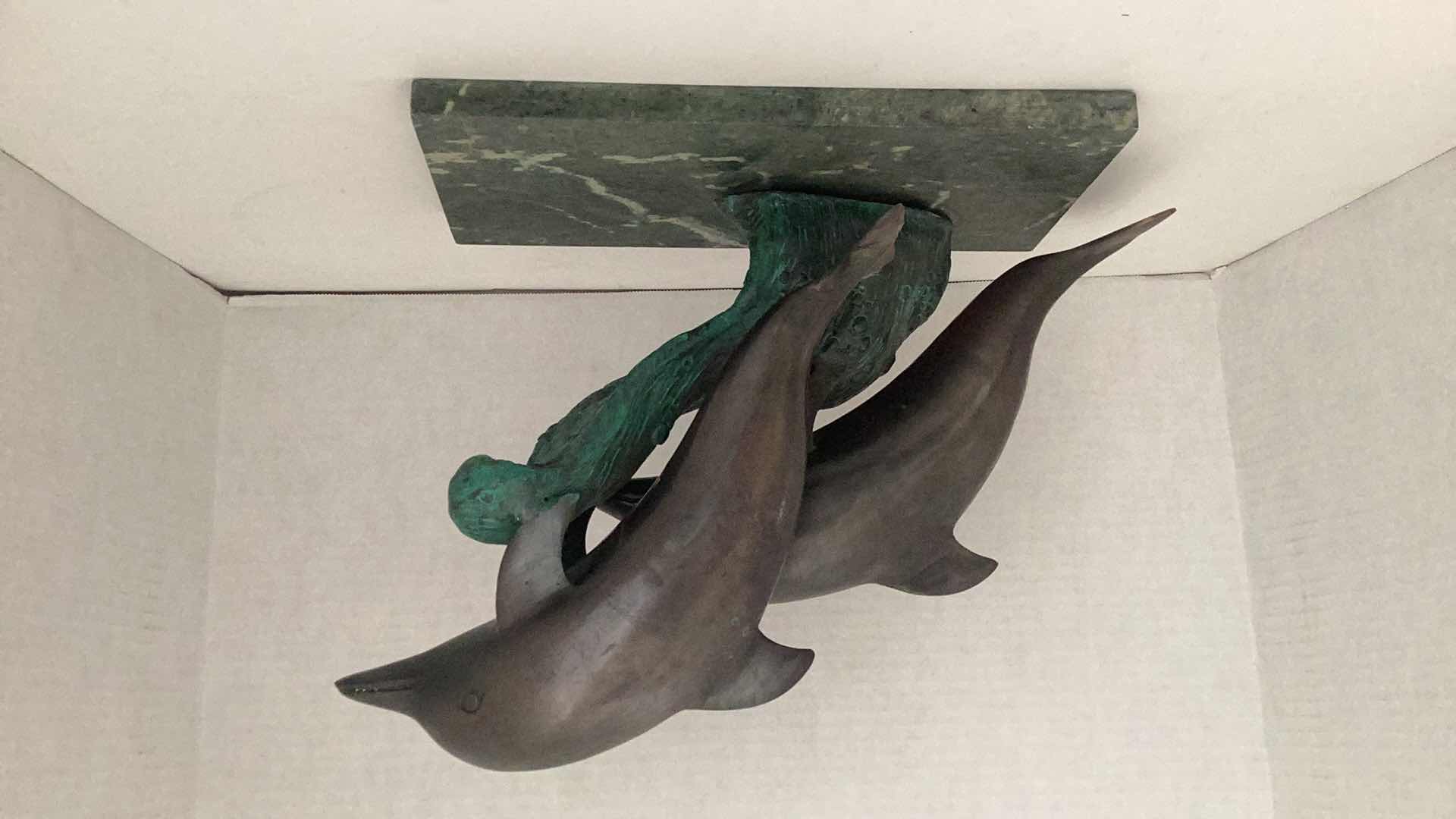 Photo 3 of HEAVY BRONZE PAIR OF DOLPHINS ON MARBLE 14” X 6” H 11”