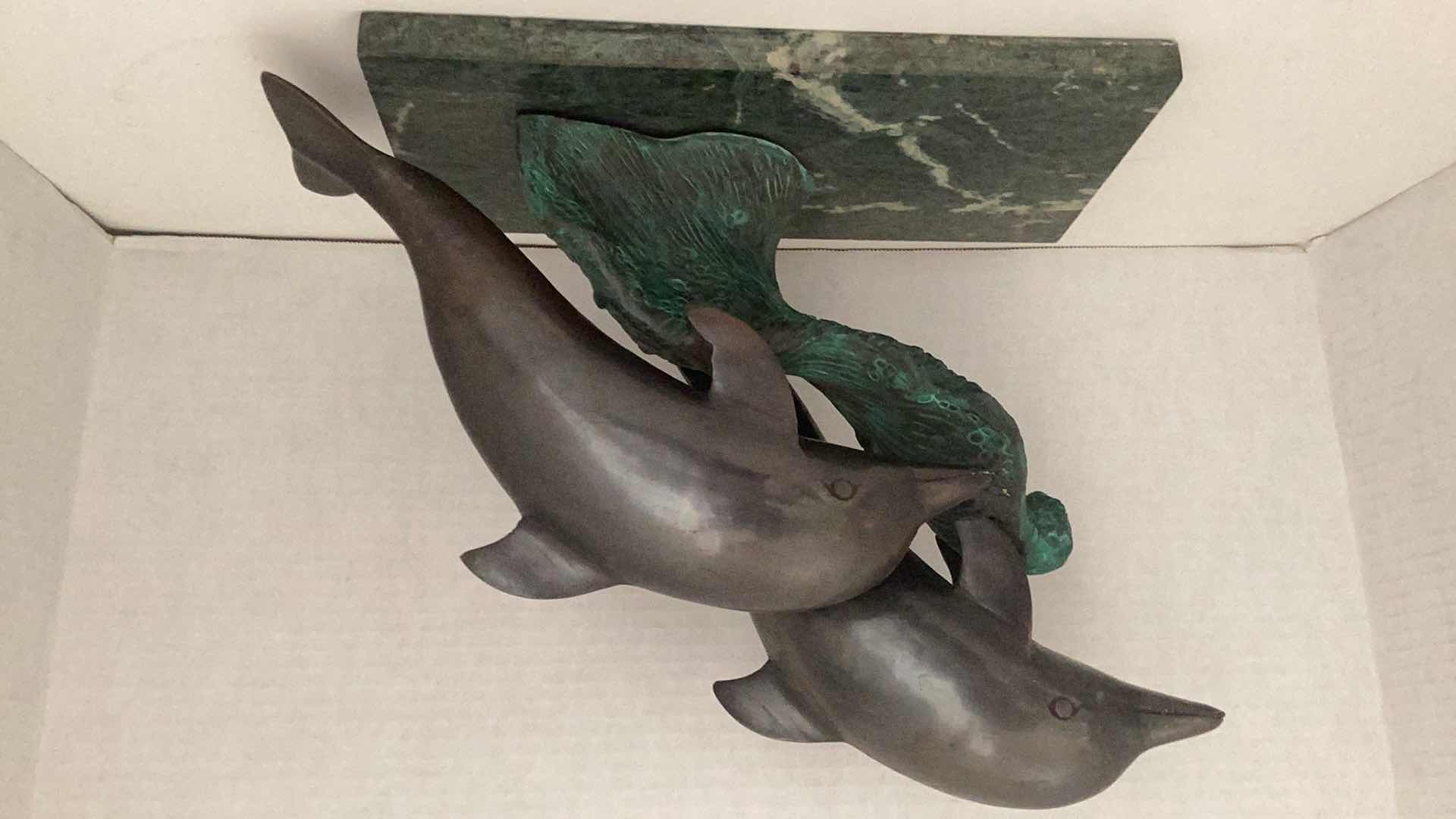 Photo 1 of HEAVY BRONZE PAIR OF DOLPHINS ON MARBLE 14” X 6” H 11”