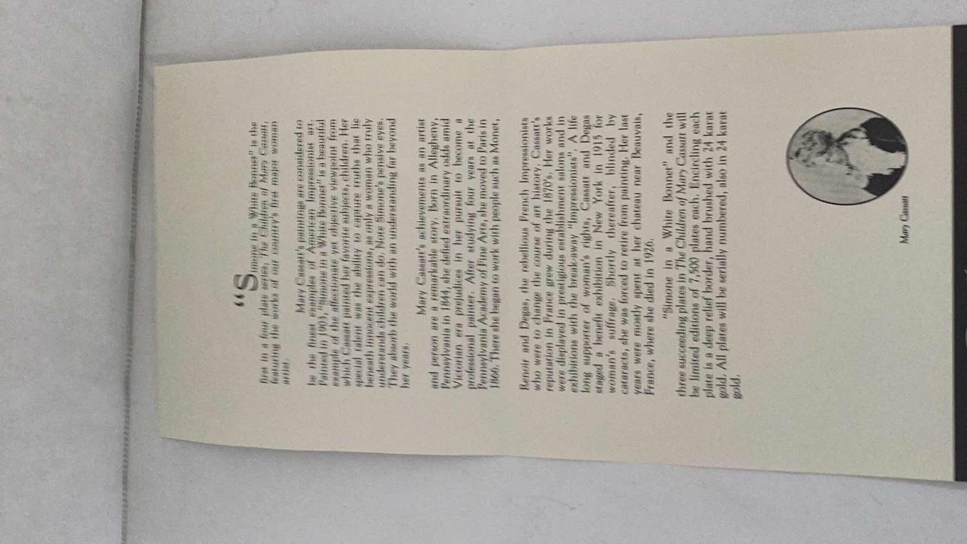 Photo 3 of MARY CASSATT “SIMONE IN WHITE BONNET” PICKARD FINE PORCELAIN COLLECTORS PLATE