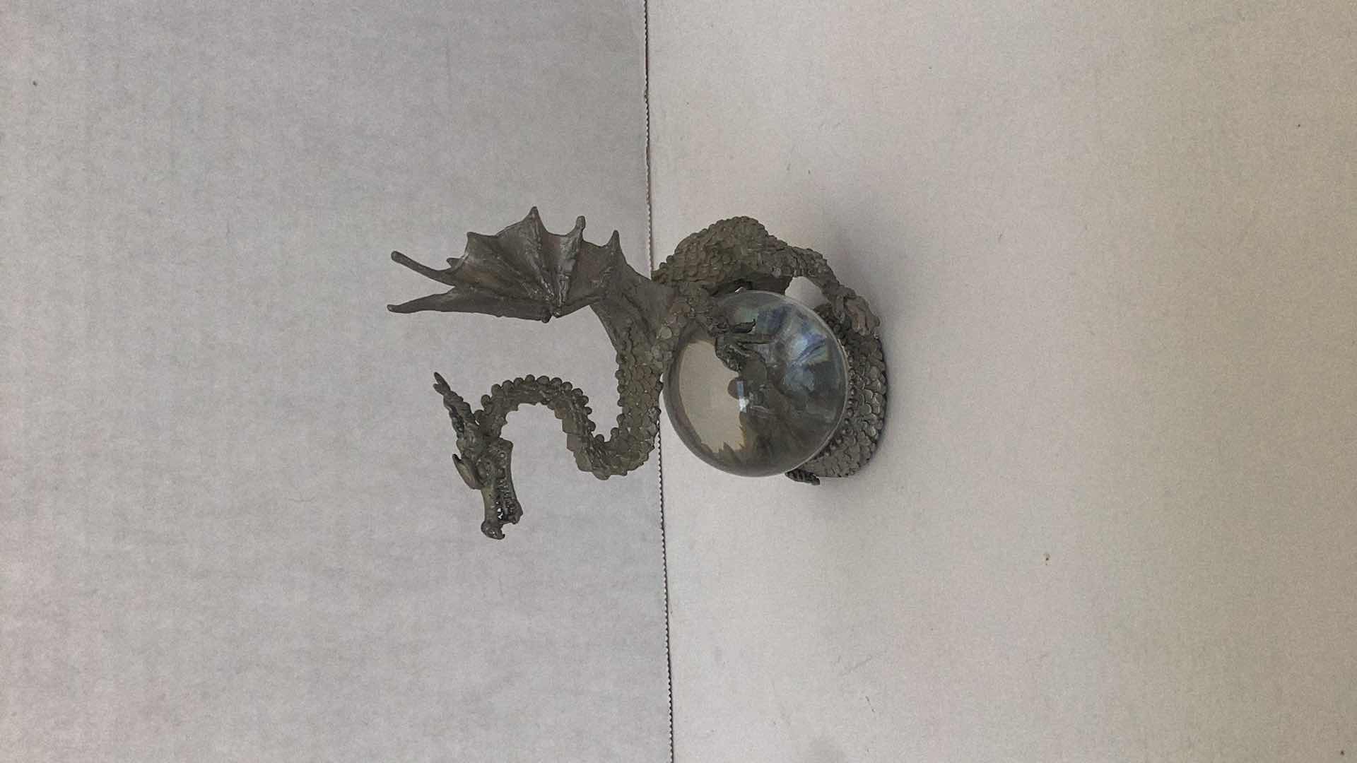 Photo 1 of PEWTER DRAGON WITH CRYSTAL ORB STATUE 4 INCHES TALL