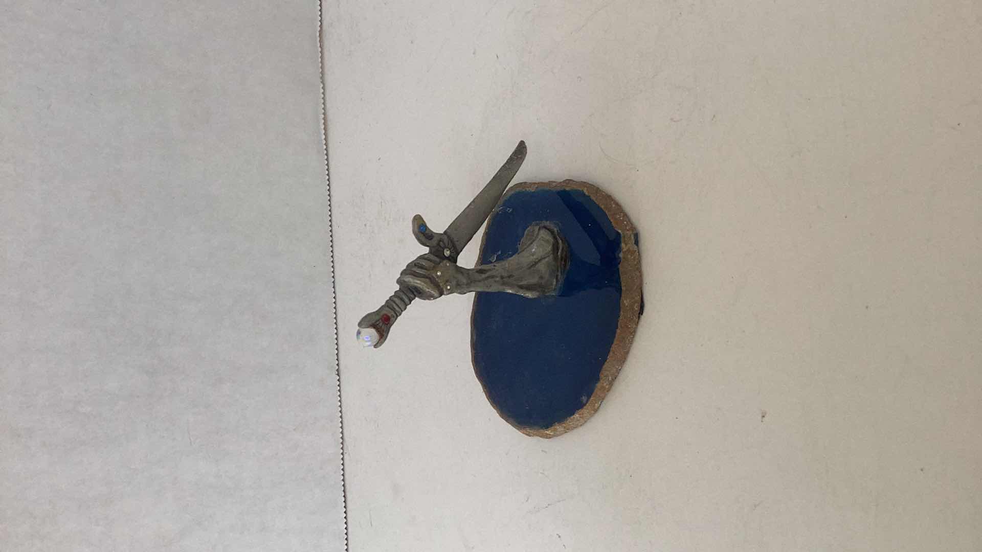 Photo 3 of PEWTER SWORD ON BLUE STONE 3 INCHES TALL