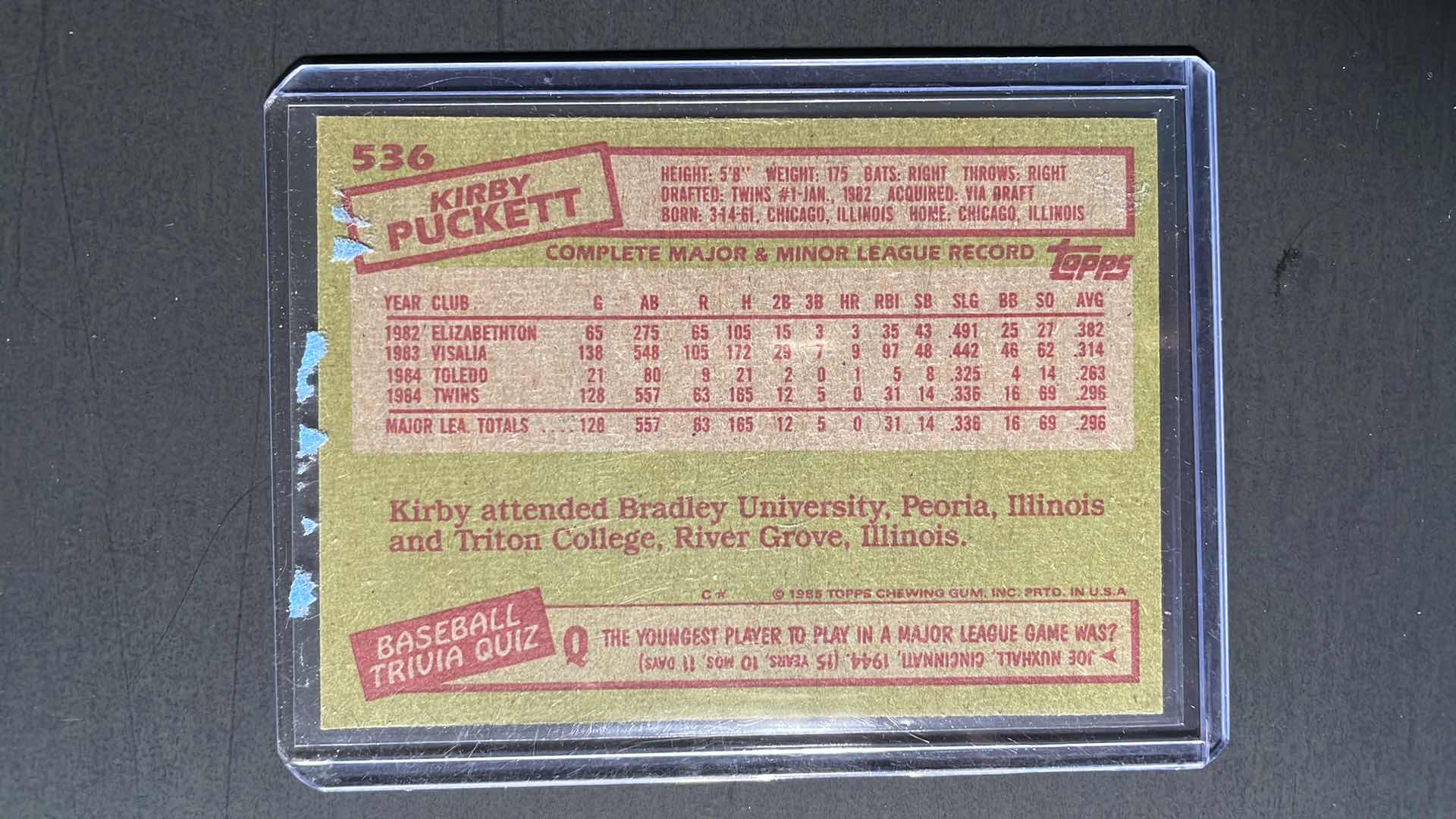 Photo 2 of 1985 TOPPS KIRBY PUCKETT ROOKIE CARD 536