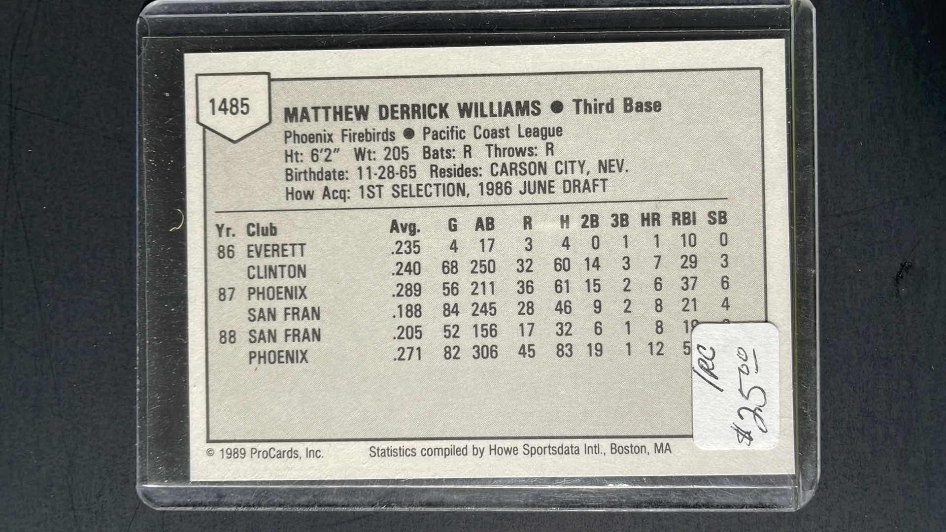 Photo 2 of 1989 PROCARDS MATT WILLIAMS MINOR LEAGUE ROOKIE CARD