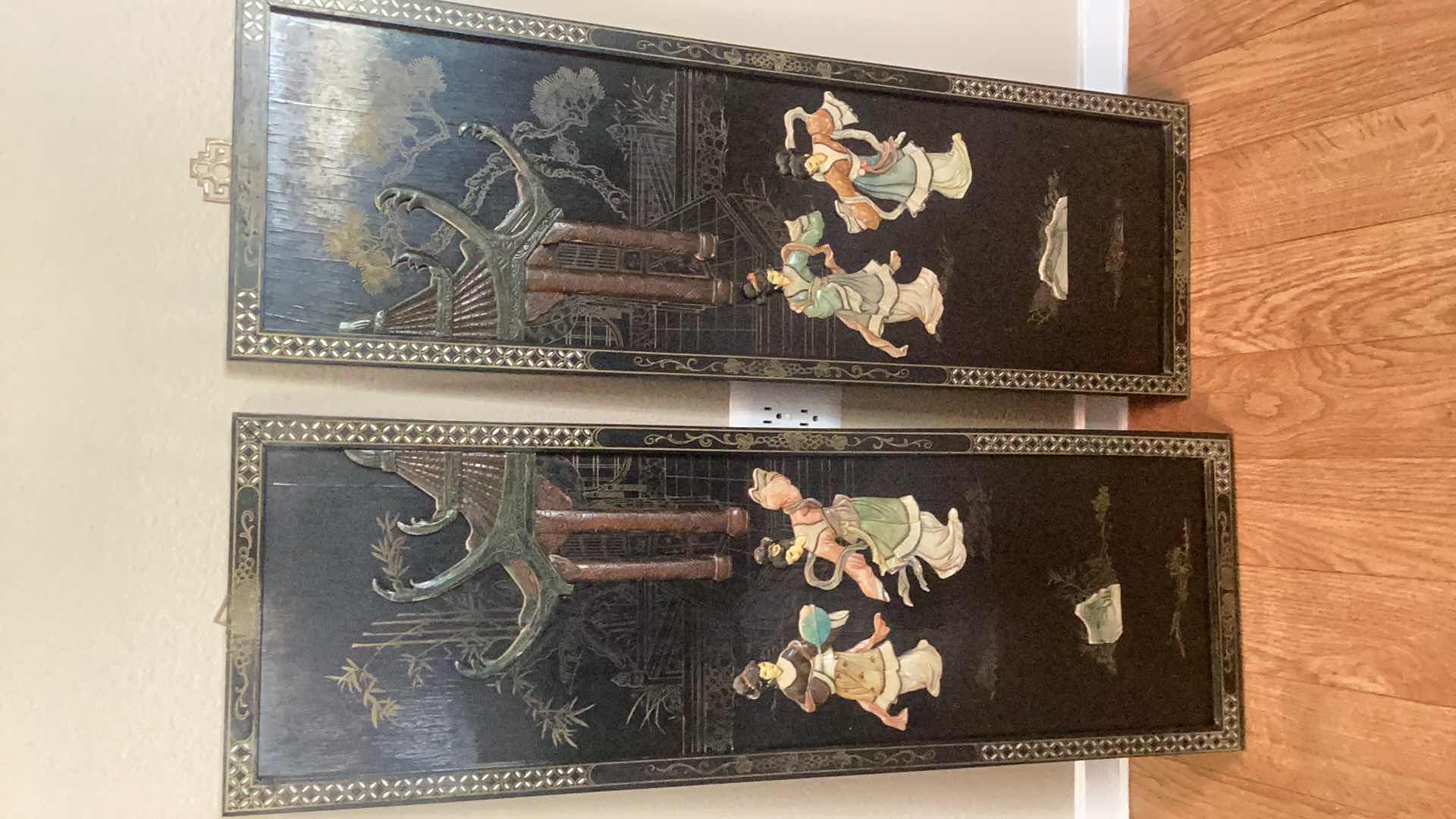 Photo 1 of PAIR OF VINTAGE CHINESE SHELL WALL PANELS 12” X 36”