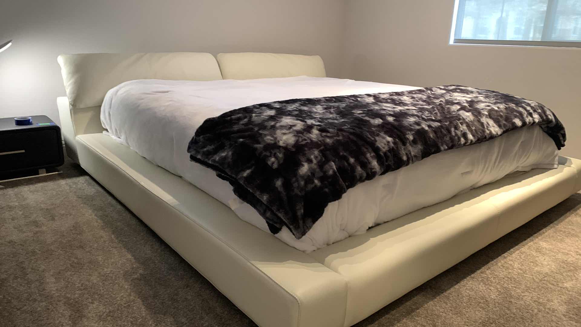 Photo 1 of ROCHE BOBOIS CREAM LEATHER PLATFORM BED WITH ADJUSTABLE HEADRESTS 93” x 103” H30.5” (FITS CAL KING MATTRESS)