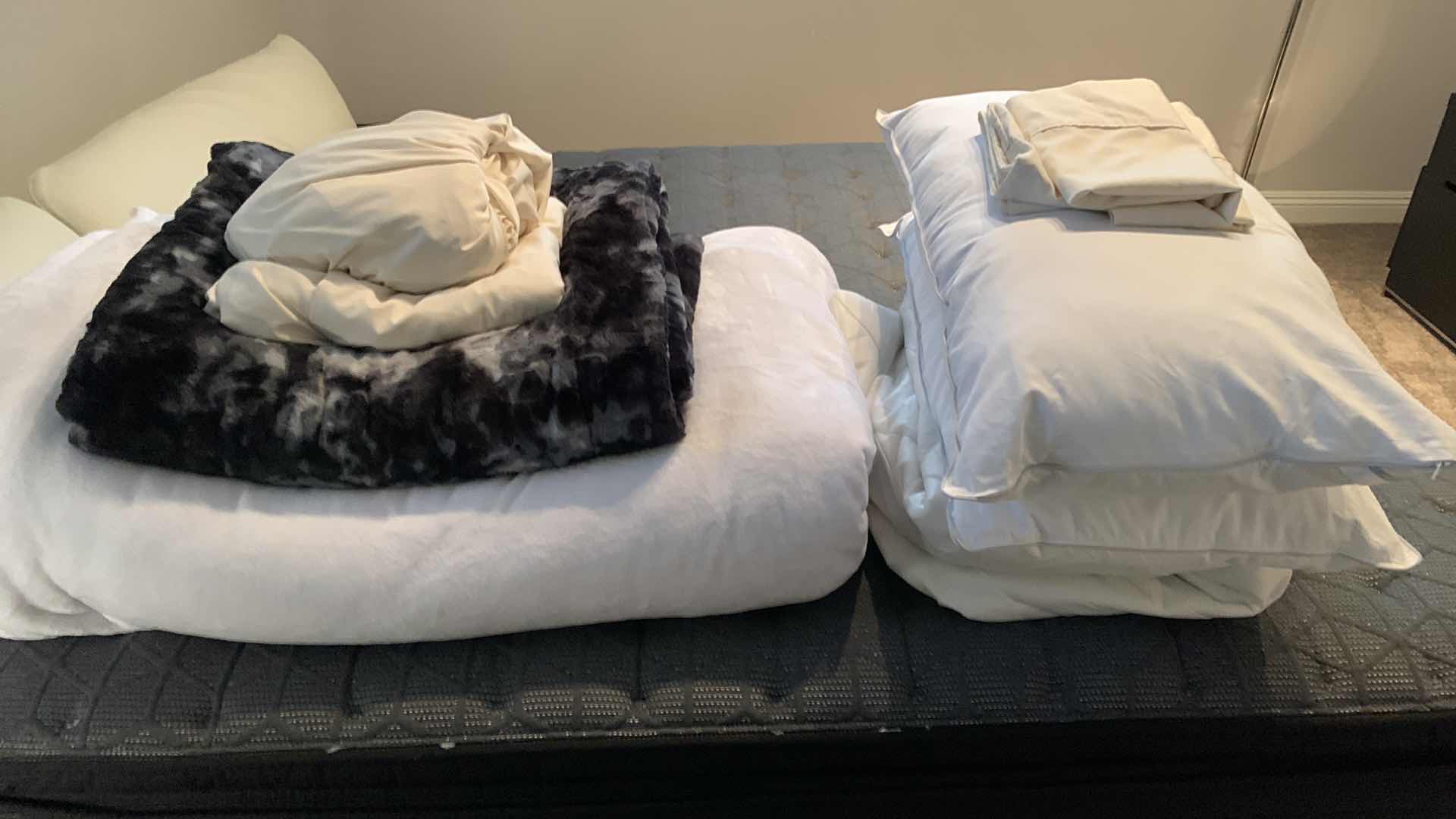 Photo 1 of CAL KING BEDDING ENSEMBLE; MATTESS PAD, SHEET SET, IVORY COMFORTER AND FAUX FUR BLANKET AND TWO PILLOWS