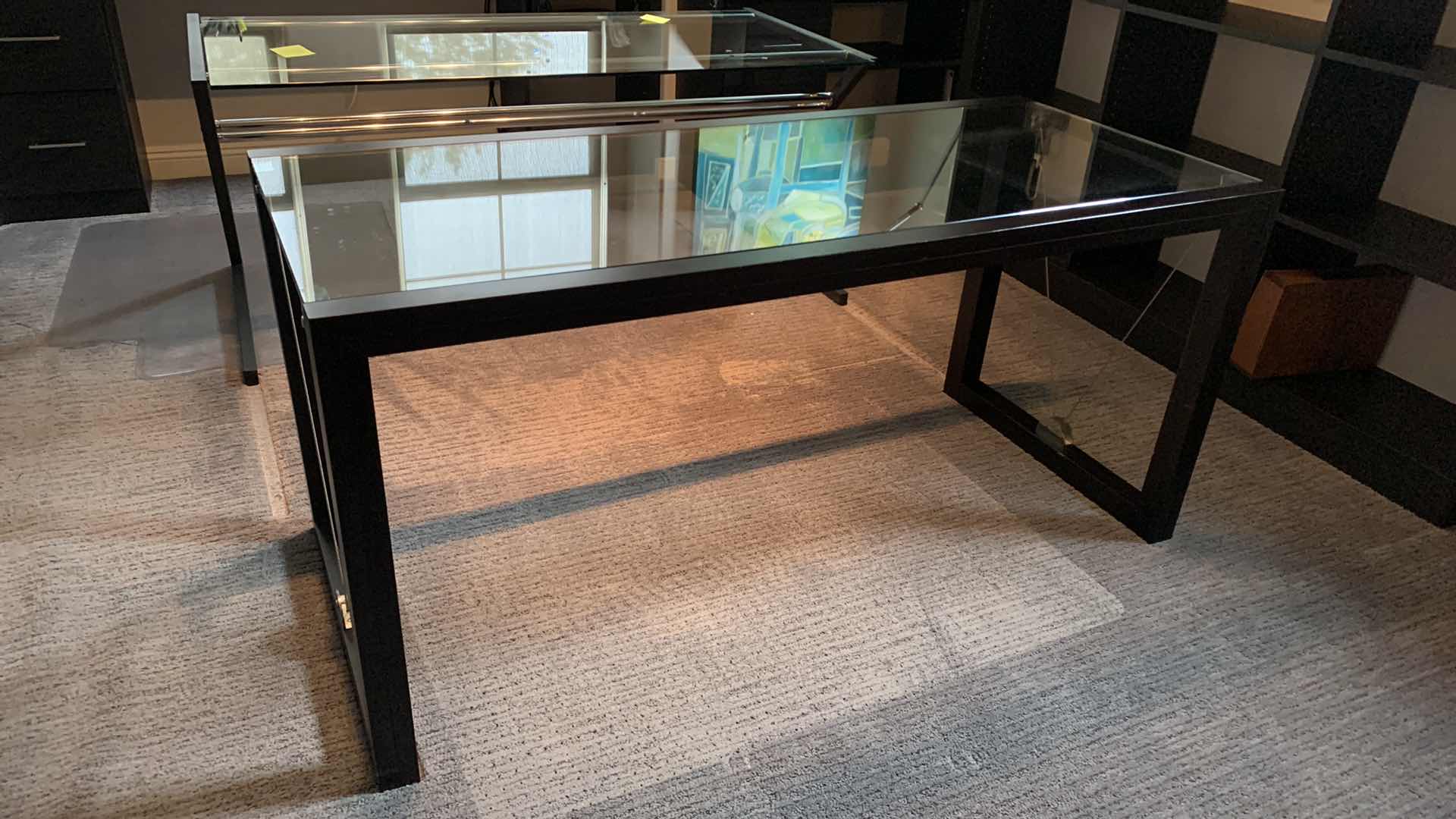 Photo 4 of DESIGNER BLACK MODERN TEMPERED GLASS W POLISHED CHROME DESK 63” x 28” (INCLUDES FLOOR PAD)