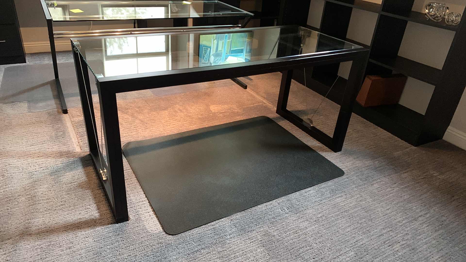 Photo 7 of DESIGNER BLACK MODERN TEMPERED GLASS W POLISHED CHROME DESK 63” x 28” (INCLUDES FLOOR PAD)