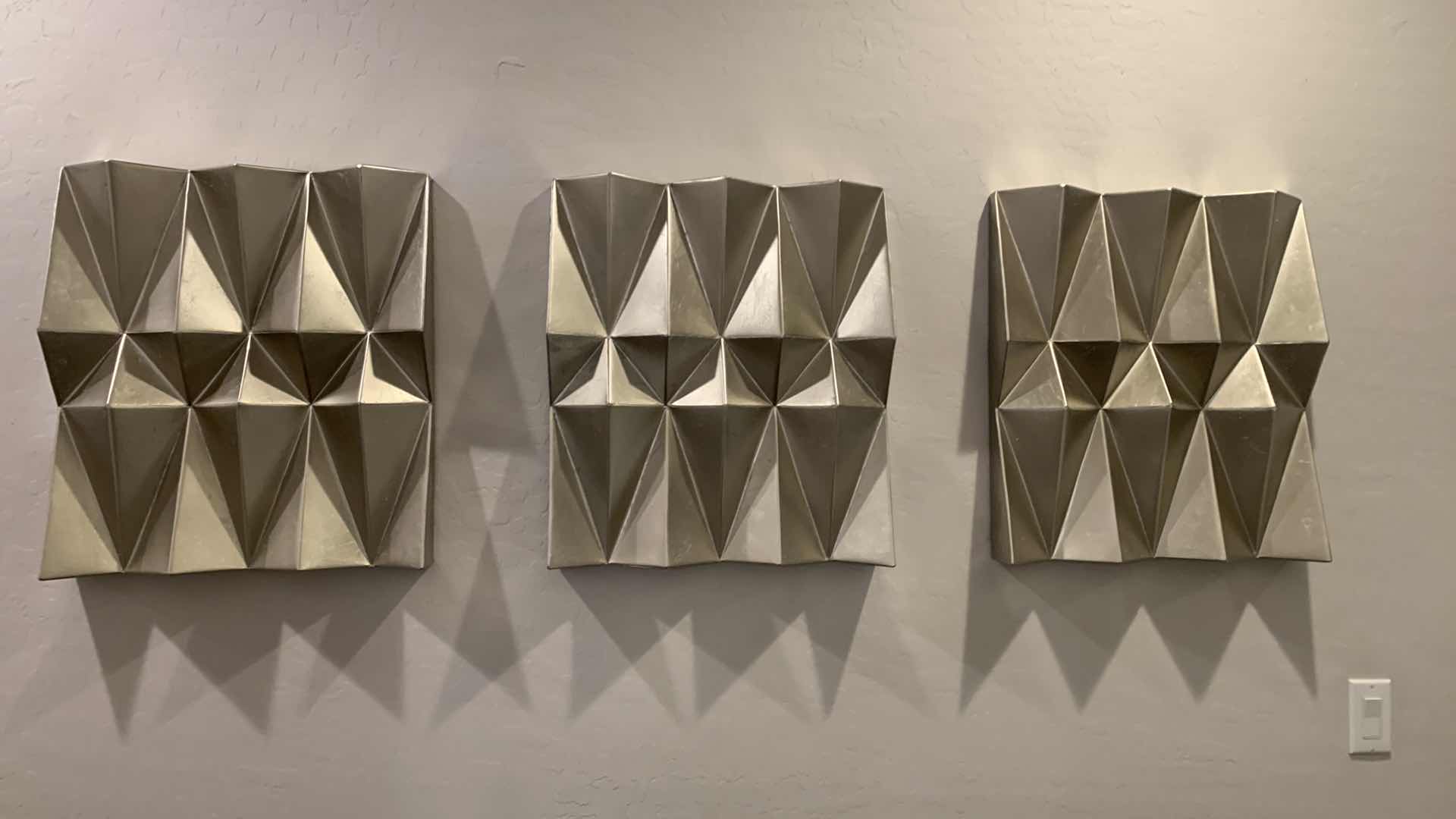 Photo 1 of 3 PC-CONTEMPORY GEOMETRIC ORIGAMI SILVER METAL WALL ART (EACH PIECE MEASURES 19.5” x 22”)