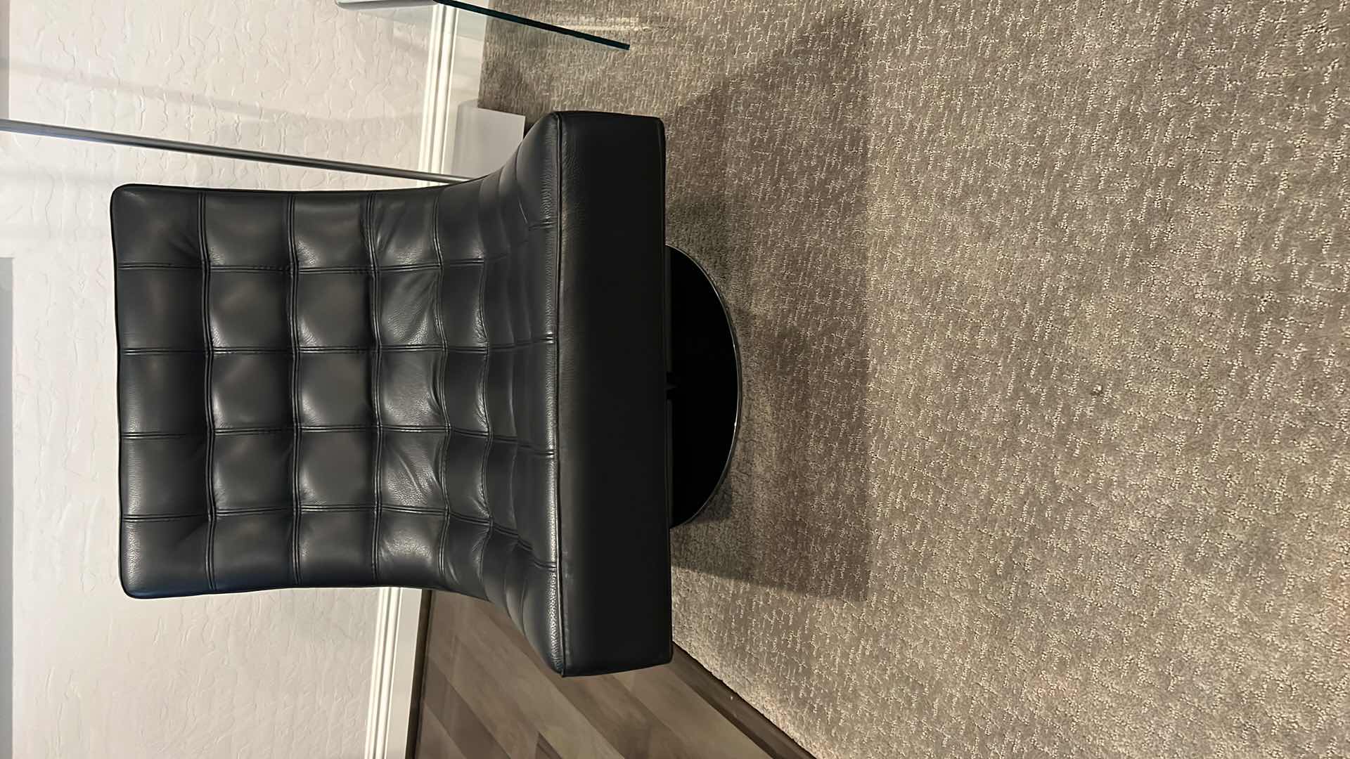 Photo 6 of ROCHE BOBLOIS BLACK LEATHER SWIVEL ARMLESS CHAIR W POLISHED STAINLESS-STEEL BASE