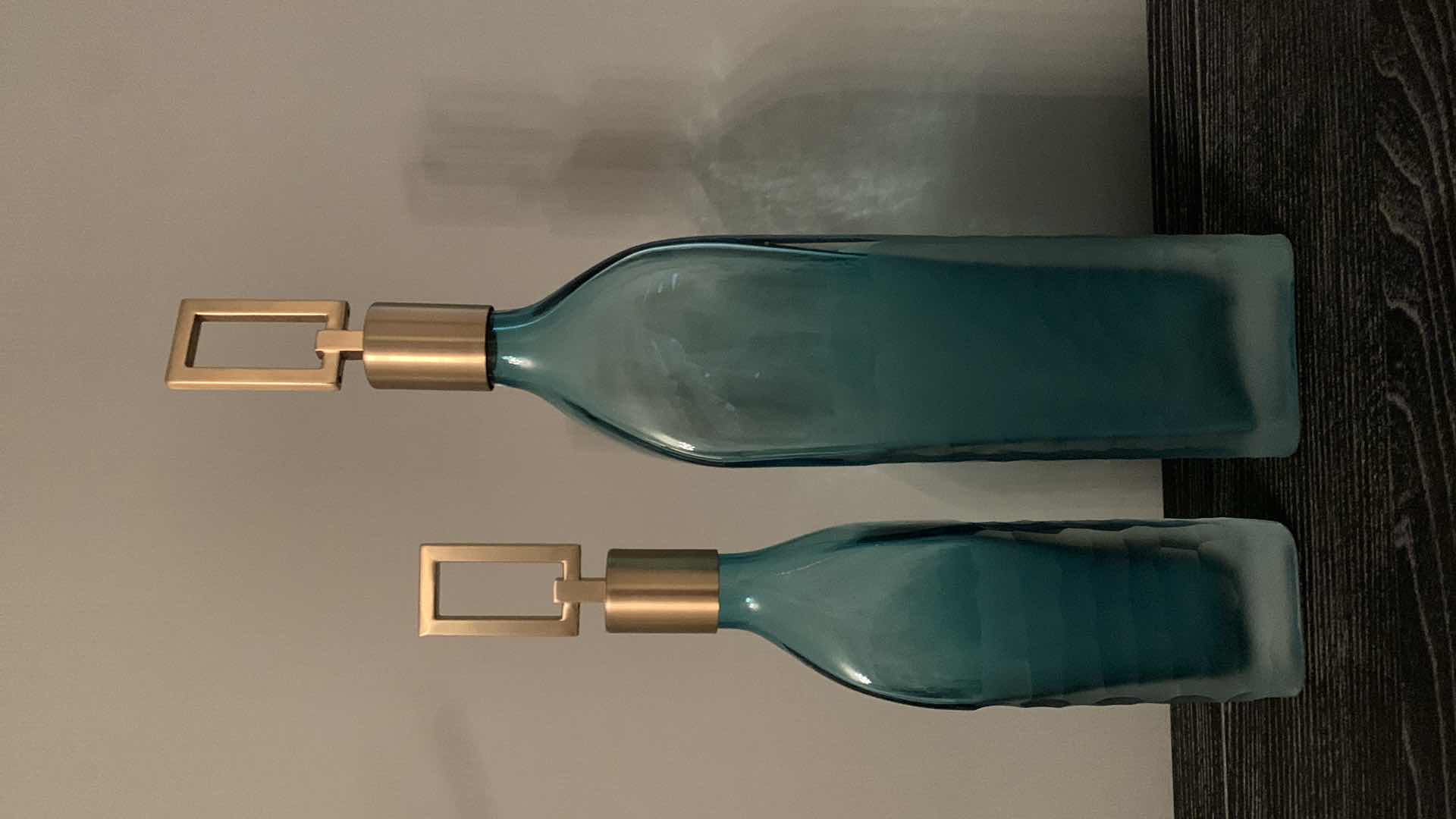 Photo 1 of  SET OF 2-UTTERMOST ANNABELLA TEAL GLASS BOTTLES H19” H15”