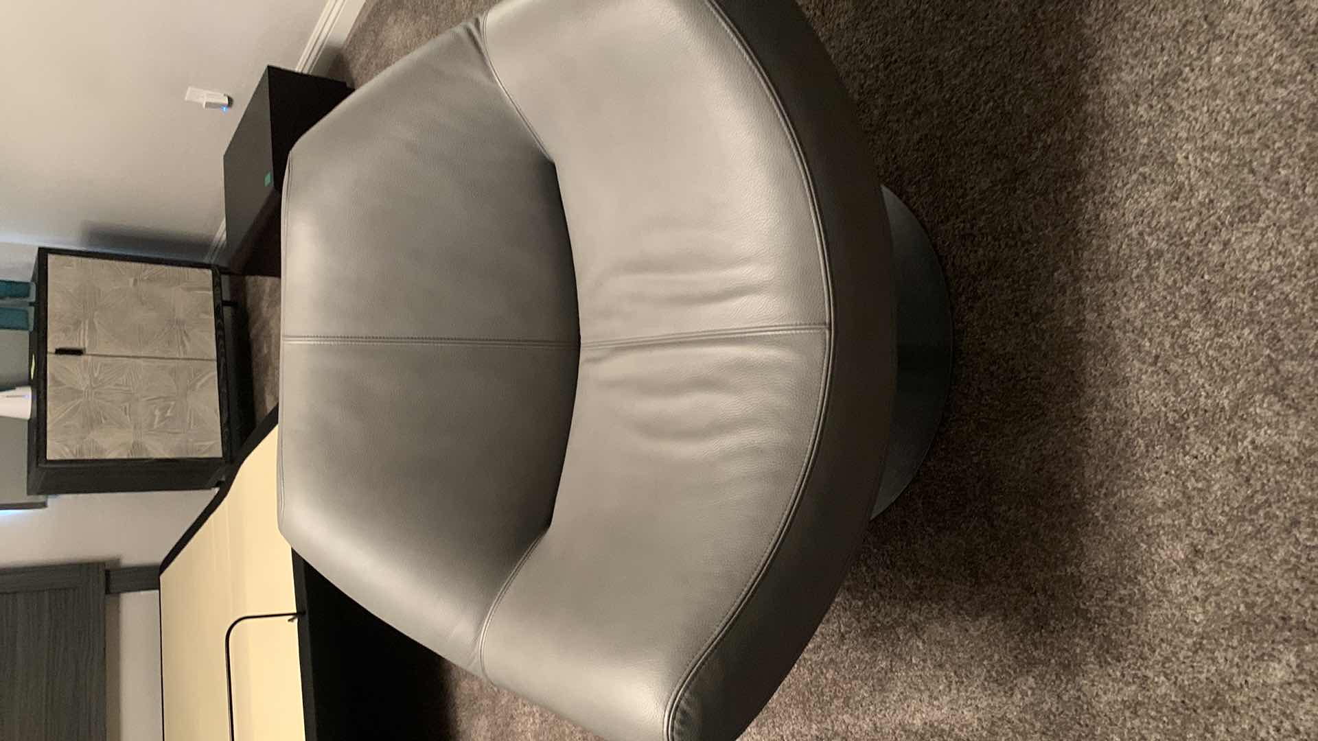 Photo 2 of DESIGNER ROCHE BOBOIS GRAY LEATHER SWIVEL LOW SEATING OCCASIONAL CHAIR W POLISHED CHROME BASE