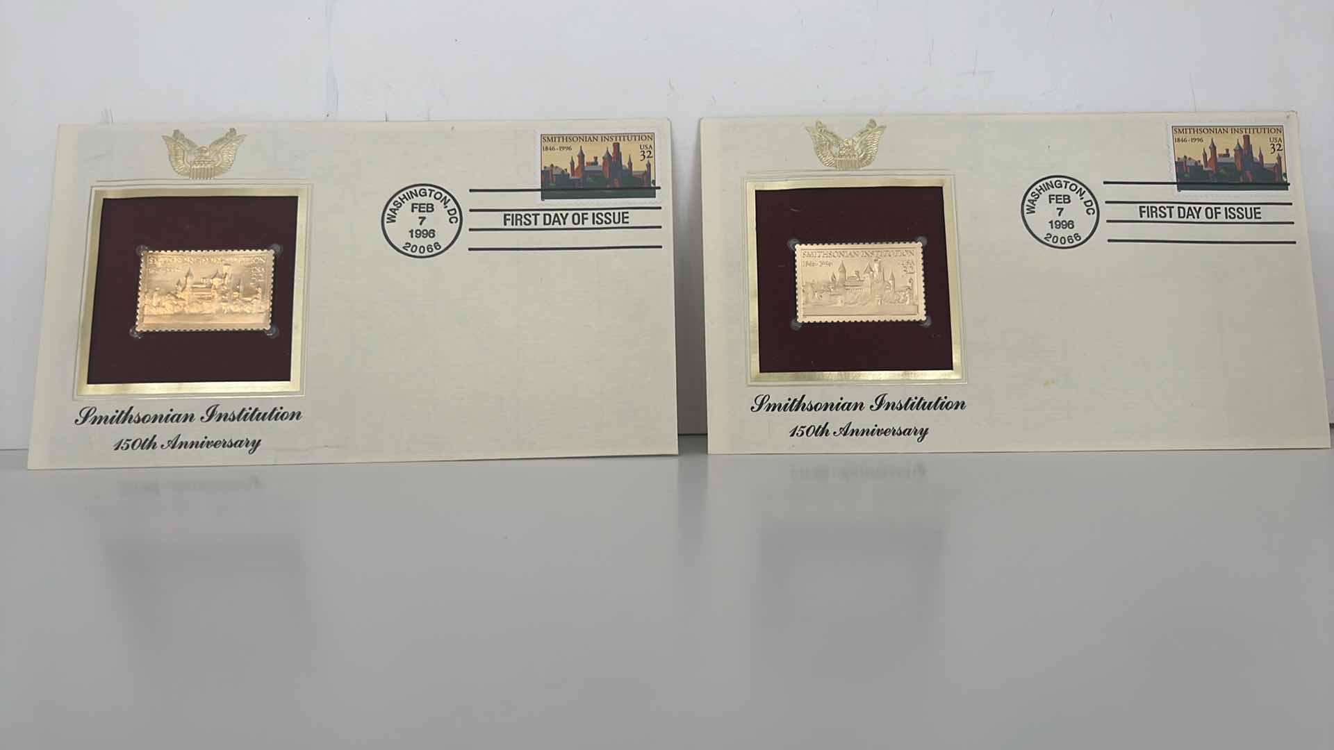 Photo 1 of 2-SMITHSONIAN INSTITUTE 150th ANNIVERSARY 32 CENT COLLECTORS 24K SURFACE REAL GOLD REPLICAS STAMPS