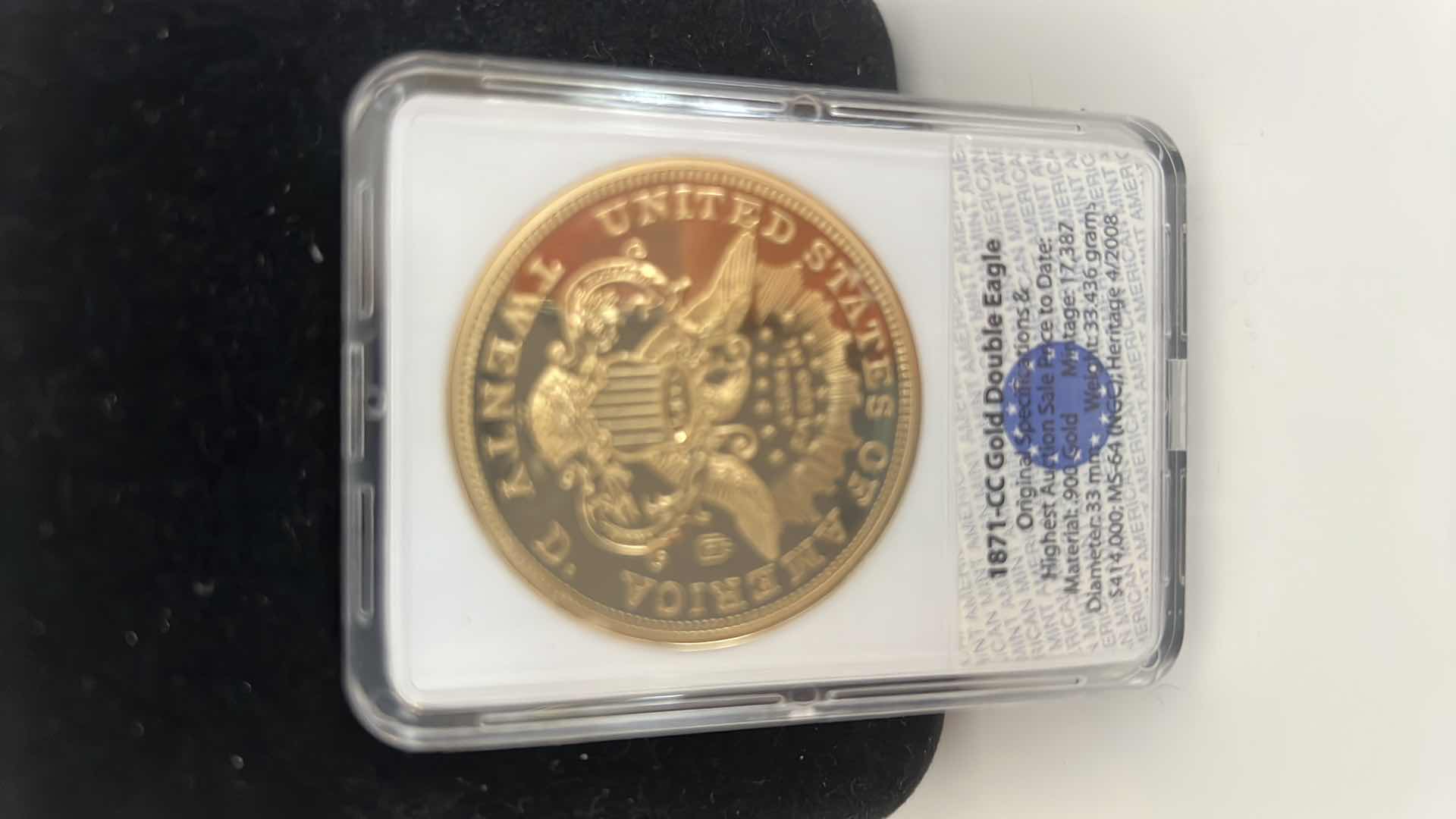 Photo 2 of COLLECTORS 1871-CC GOLD EAGLE REPLICA 24K LAYERED IN GOLD COIN