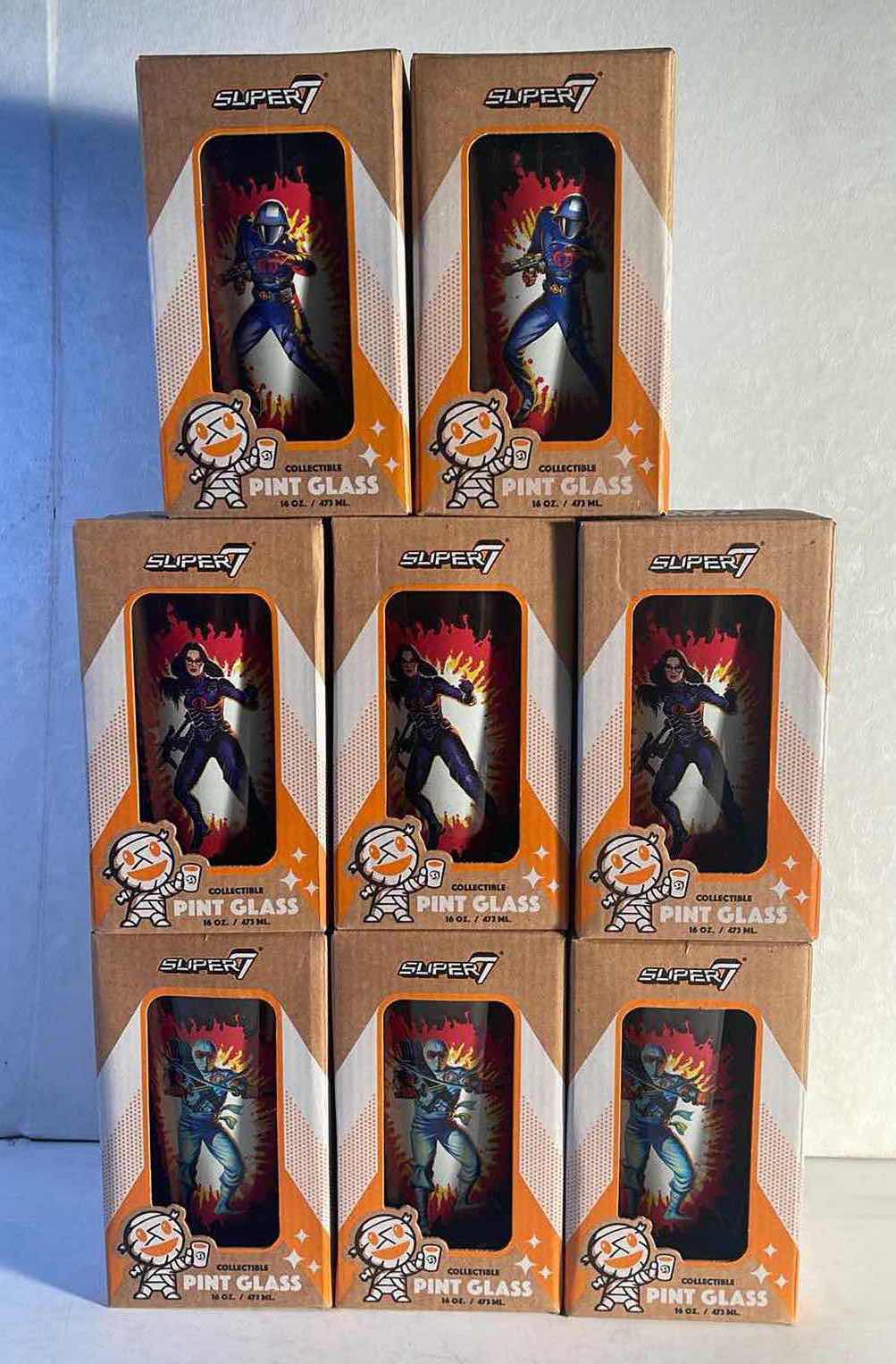 Photo 1 of NIB SUPER7 COLLECTIBLE PINT GLASSES G. I. JOE “BARONESS , STORM SHADOW & COBRA COMMANDER - RETAIL PRICE $100.00