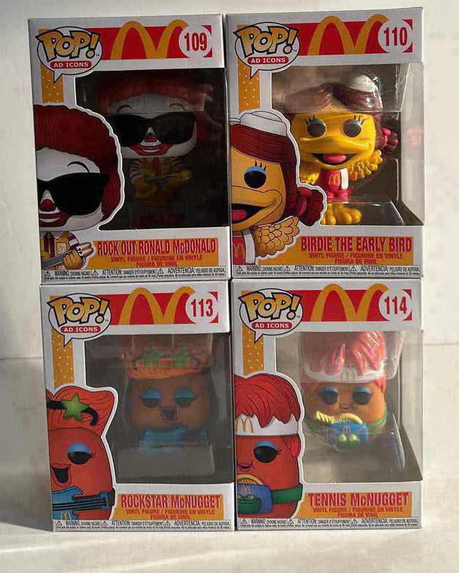 Photo 1 of NIB FUNKO POP AD ICONS MCDONALDS “ROCK OUT RONALD MCDONALD, BIRDIE THE EARLY BIRD, ROCKSTAR MCNUGGET, TENNIS MCNUGGET” -TOTAL RETAIL PRICE $40.00