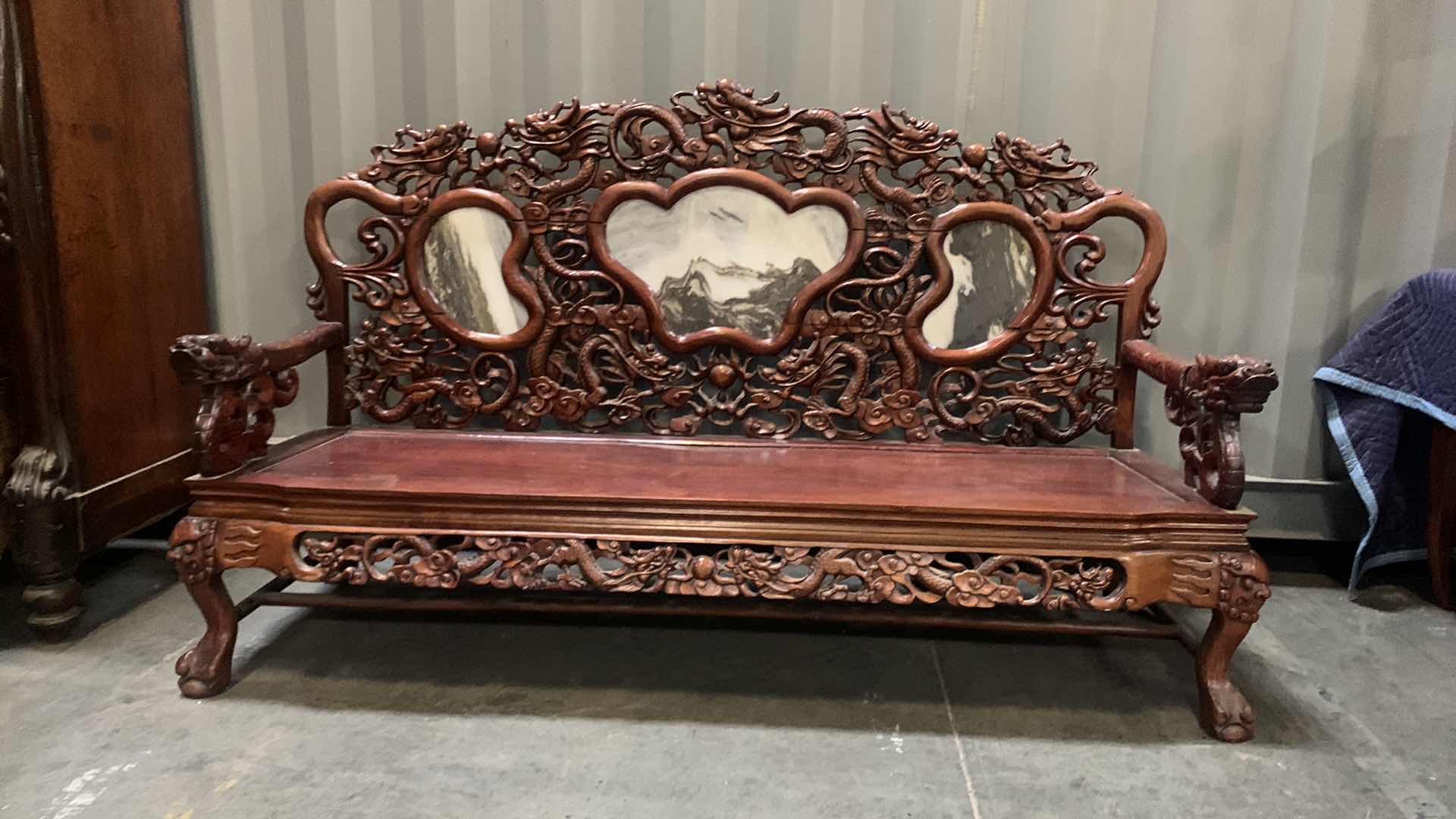 Photo 9 of VINTAGE HAND CARVED WOOD CHINESE HIGH RISE SOFA W MARBLE