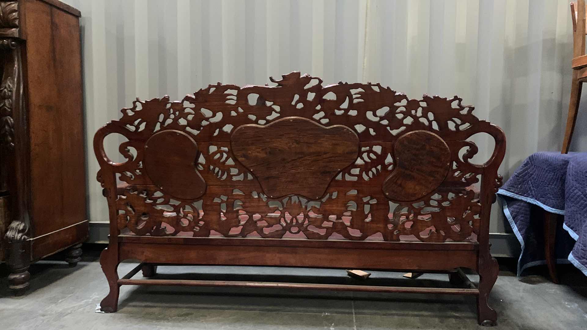 Photo 8 of VINTAGE HAND CARVED WOOD CHINESE HIGH RISE SOFA W MARBLE