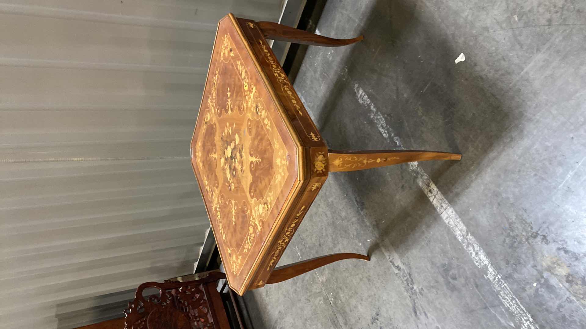 Photo 1 of ANTIQUE GAMING TABLE WITH FLORAL DETAIL AND LACQUER FINISH (4 CHAIRS AVAILABLE SEPARATELY)