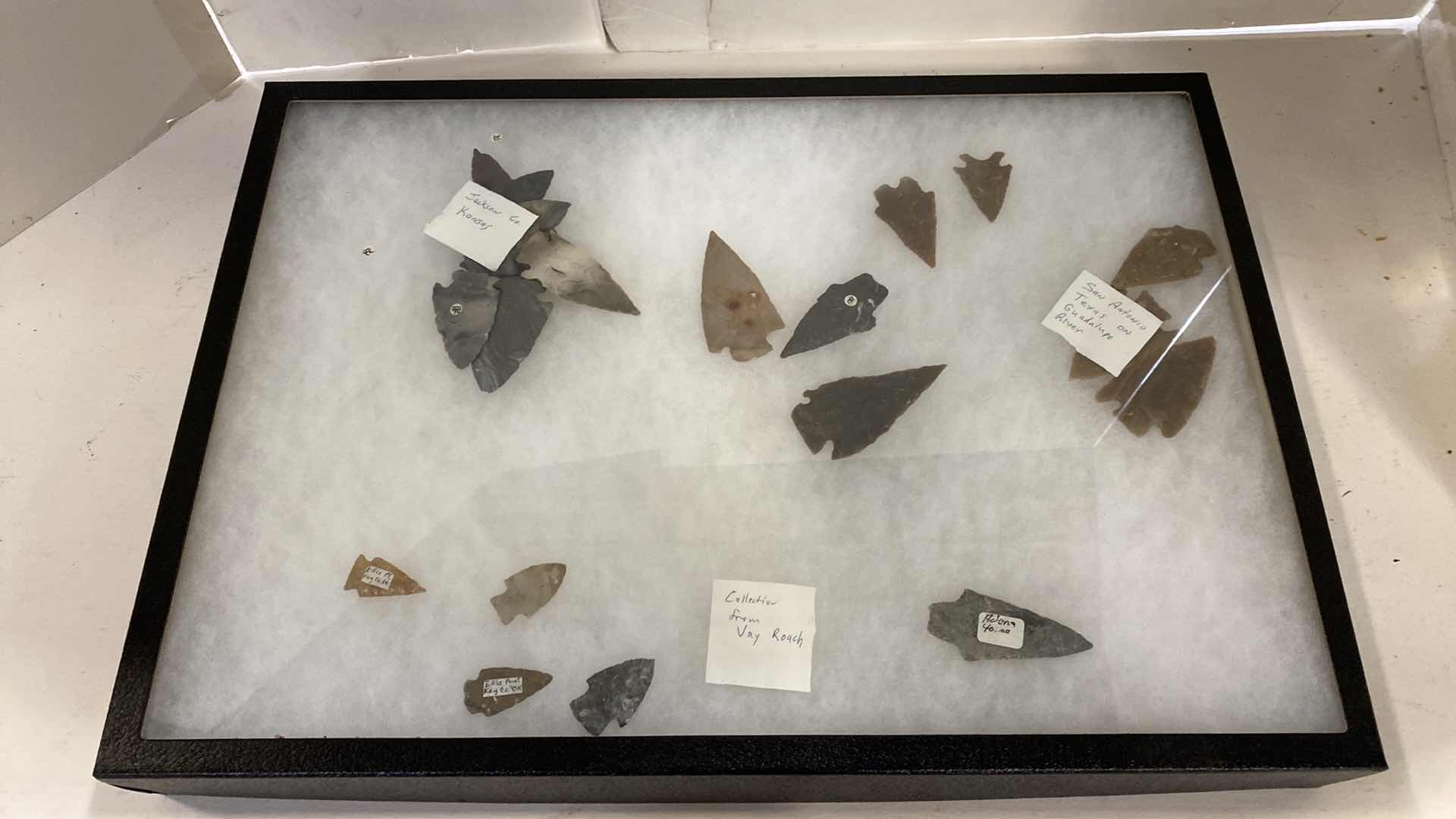 Photo 1 of SHADOW BOX OF ASSORTED ARROWHEADS 20” X 14”