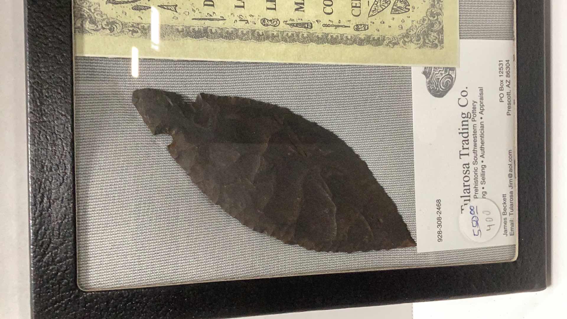 Photo 2 of AMERICAN INDIAN LATE ARCHAIC PERIOD TURKEY TAIL BLACK CHERT ARROWHEAD 5” X 2” WITH CERTIFICATE OF AUTHENTICITY