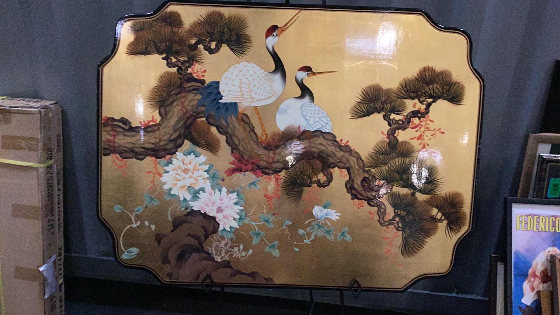 Photo 1 of CHINESE LACQUER STORK ART 40” X 30”