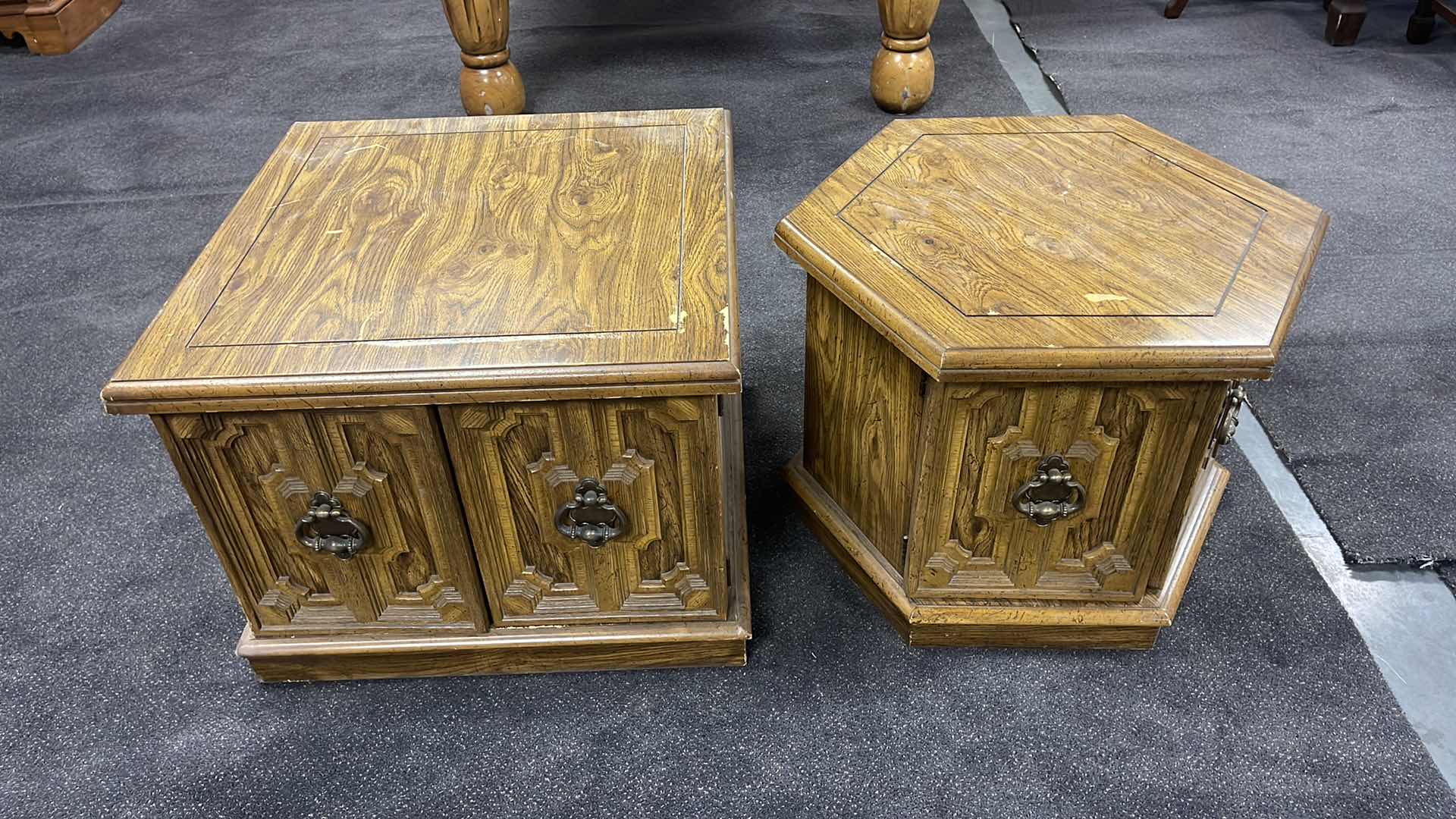 Photo 1 of 2-VINTAGE WOOD SIDE TABLES (27” X 27” H21” & 23” X 23” H21”)