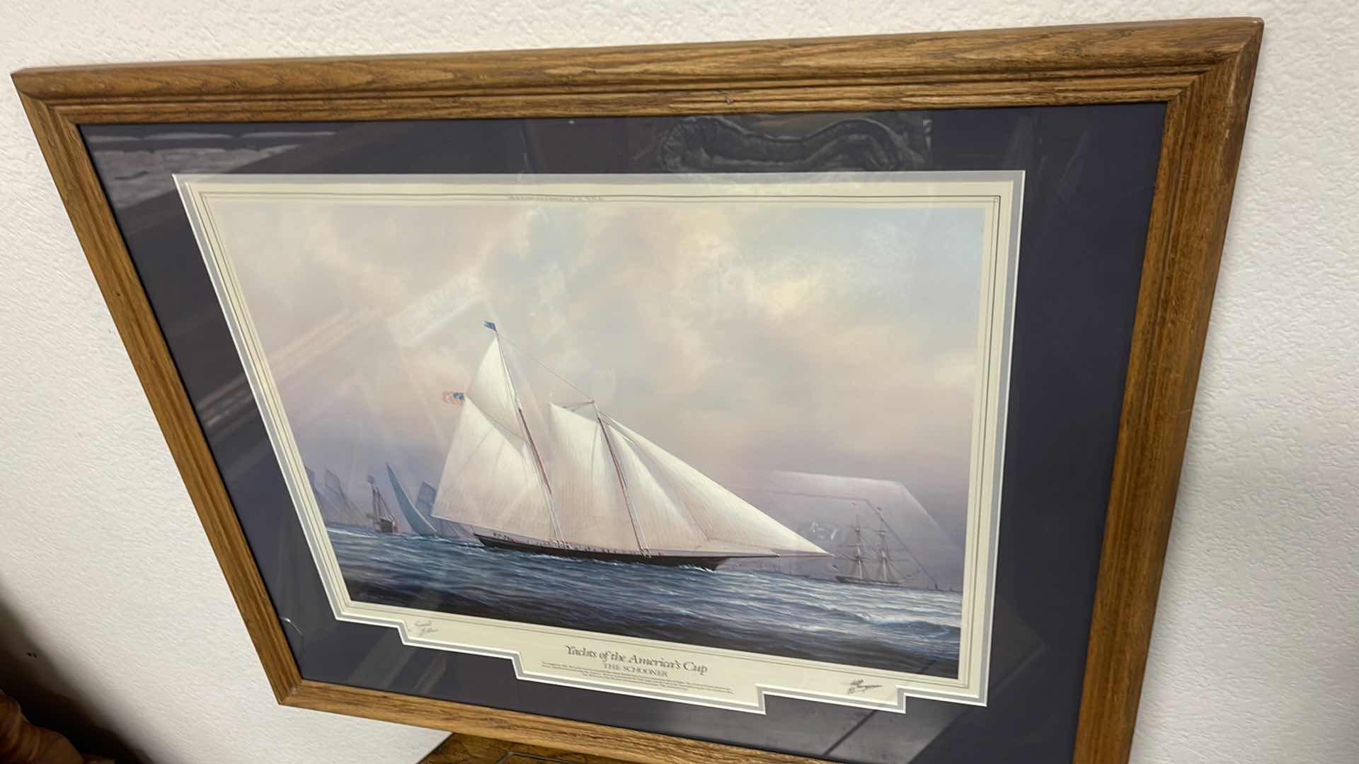 Photo 1 of WOOD FRAMED YACHTS OF THE AMERICAN CUP “THE SCHOONER” W AUTOGRAPHS 30” X 25”