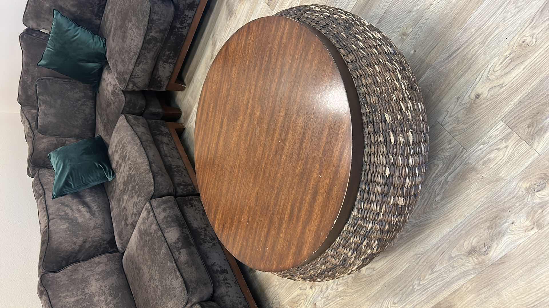 Photo 3 of PALECEK ROUND WOOD AND RATTAN COFFEE TABLE 42” x 19”