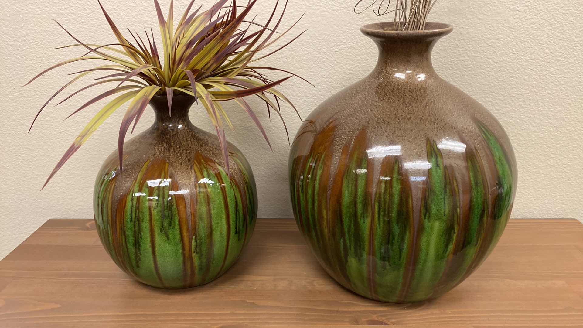 Photo 1 of PAIR OF GLAZED DRIP STYLE CERAMIC VASES TALLEST 14”