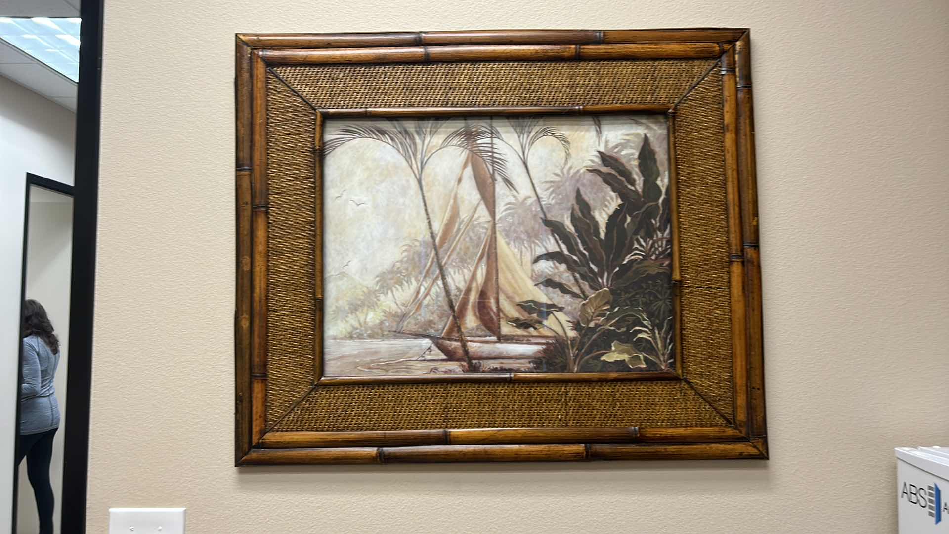 Photo 5 of BAMBOO AND RATTAN FRAMED “SAILBOAT TROPICAL” ARTWORK 35.5” x 29.5”