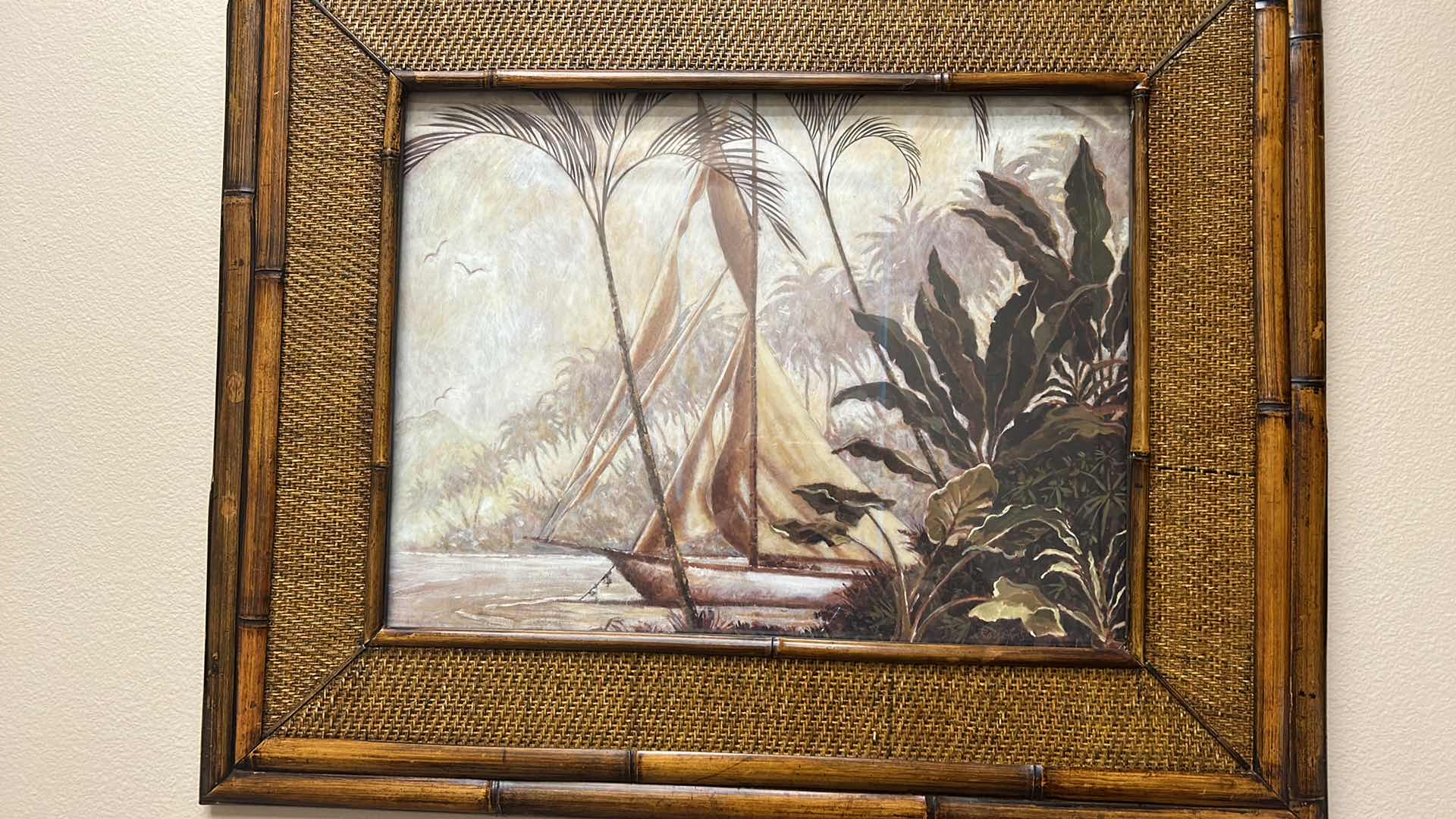 Photo 2 of BAMBOO AND RATTAN FRAMED “SAILBOAT TROPICAL” ARTWORK 35.5” x 29.5”