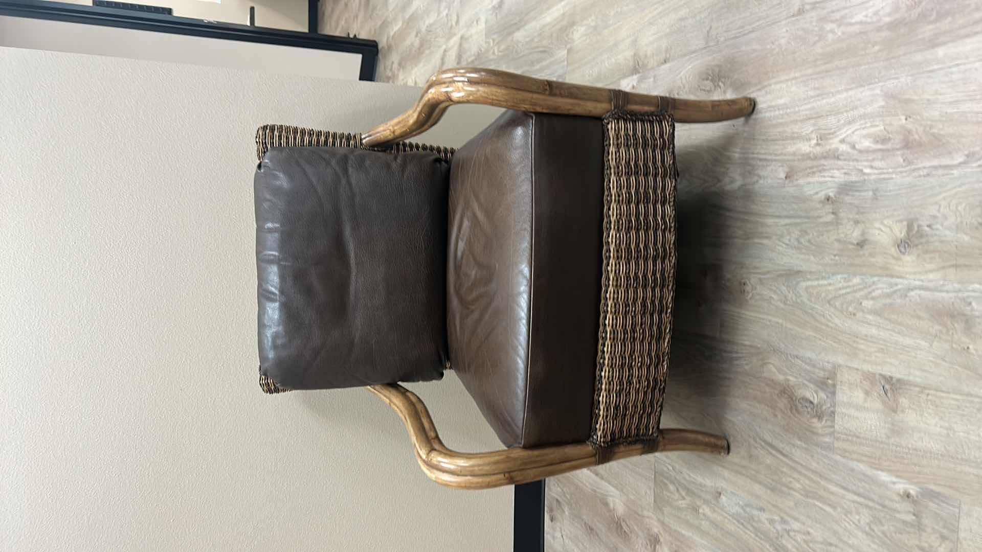 Photo 6 of RATTAN CHAIR WITH LEATHER CUSHIONS BY TOMMY BAHAMA 30” x 32” x H35”