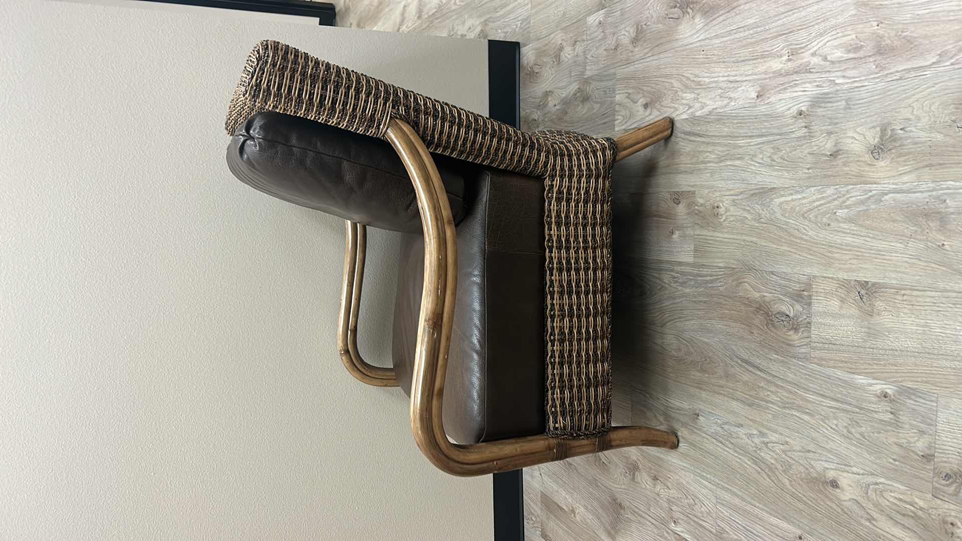 Photo 2 of RATTAN CHAIR WITH LEATHER CUSHIONS BY TOMMY BAHAMA 30” x 32” x H35”