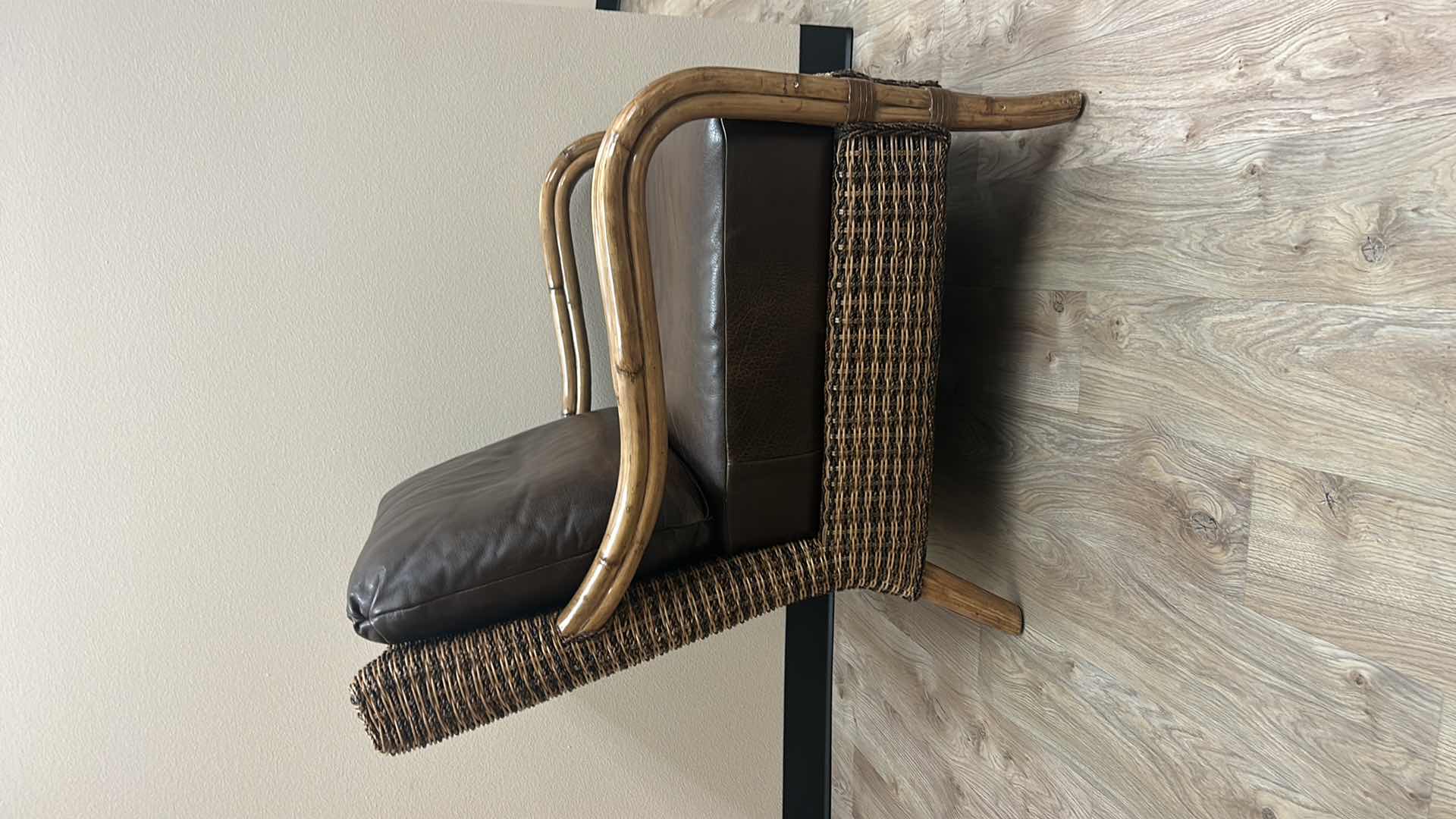 Photo 5 of RATTAN CHAIR WITH LEATHER CUSHIONS BY TOMMY BAHAMA 30” x 32” x H35”
