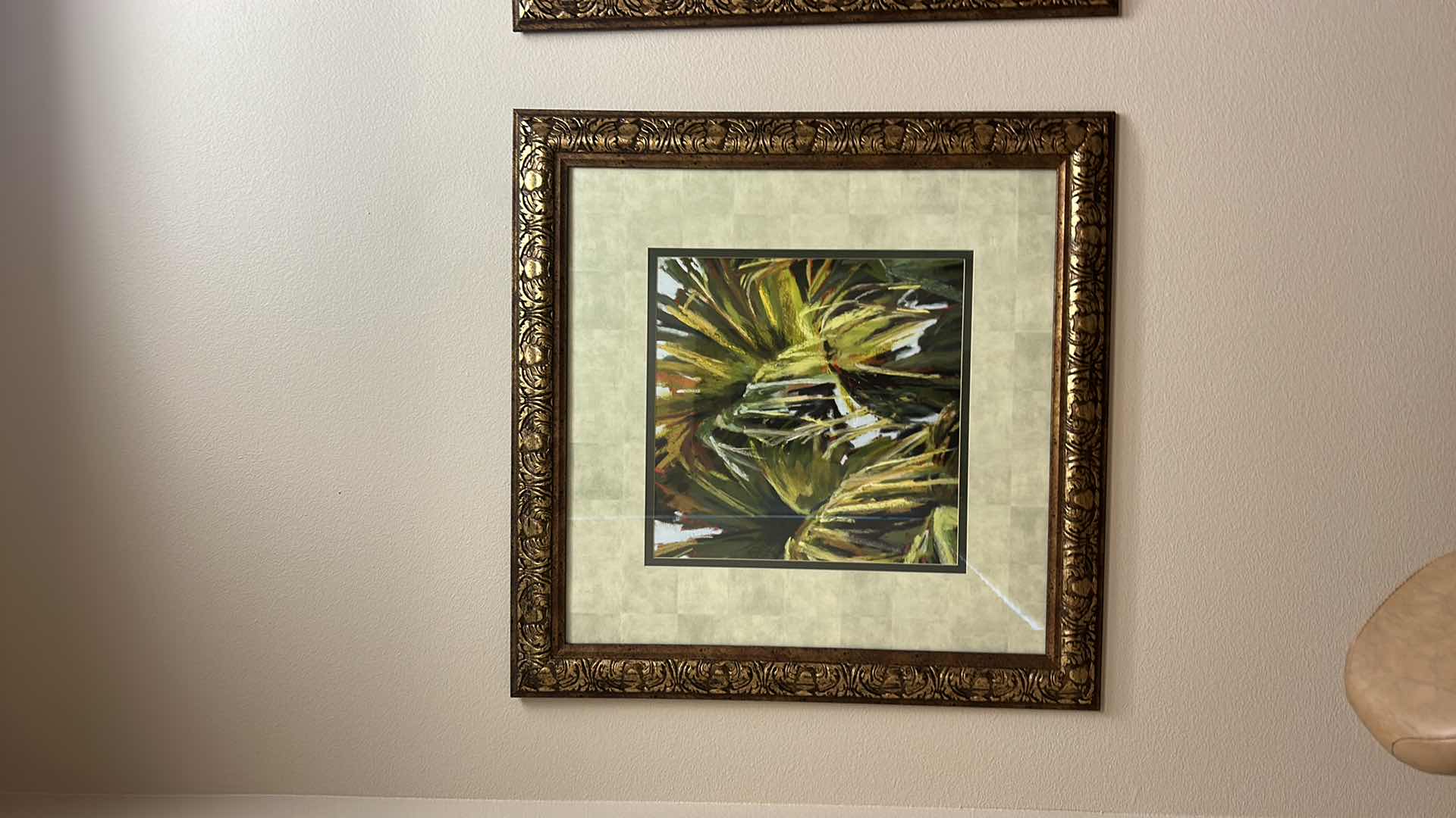 Photo 5 of ORNATE GOLD TONED WOOD FRAME “TROPICAL” ARTWORK 34.5” x 34.5”