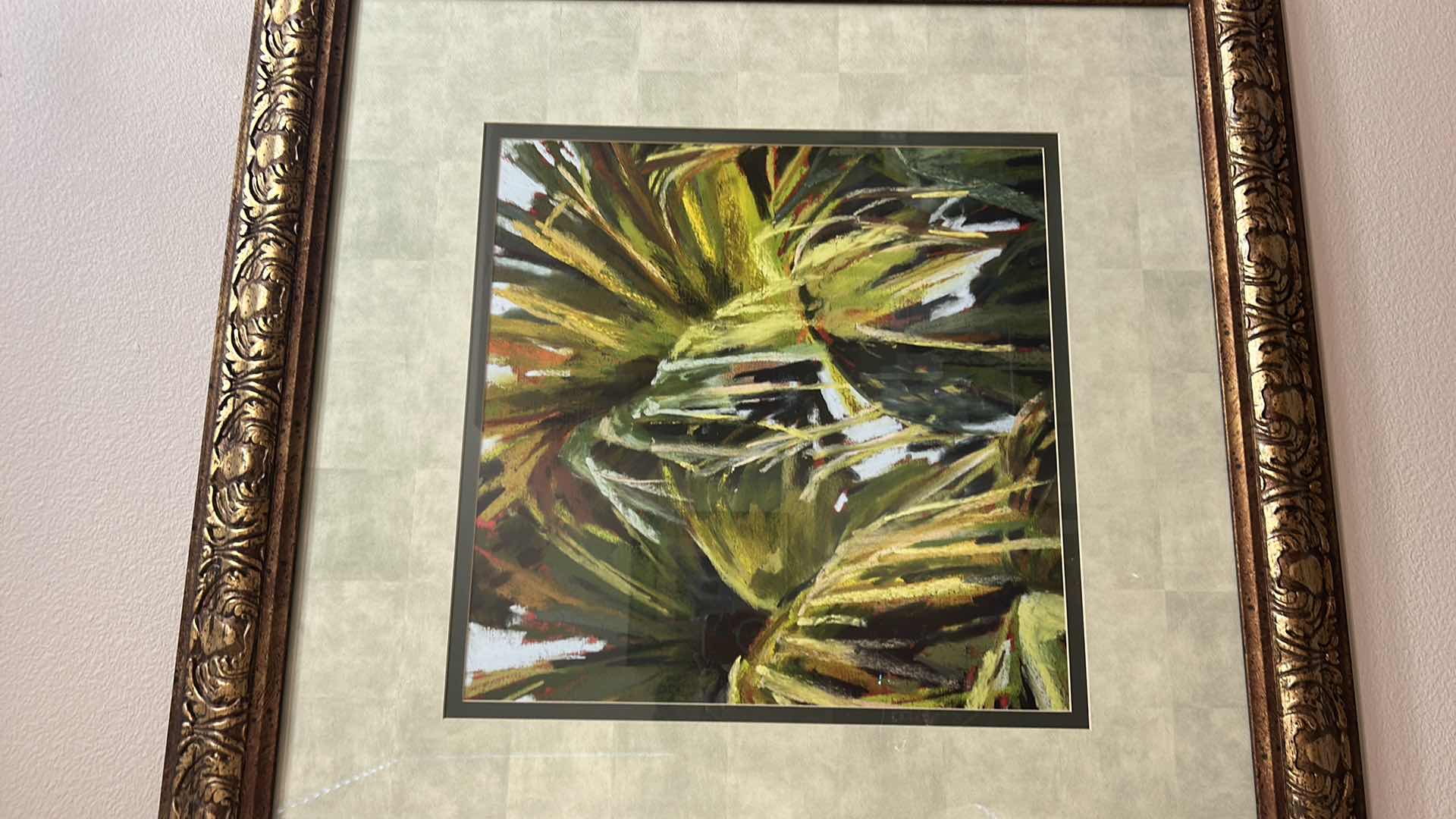 Photo 2 of ORNATE GOLD TONED WOOD FRAME “TROPICAL” ARTWORK 34.5” x 34.5”