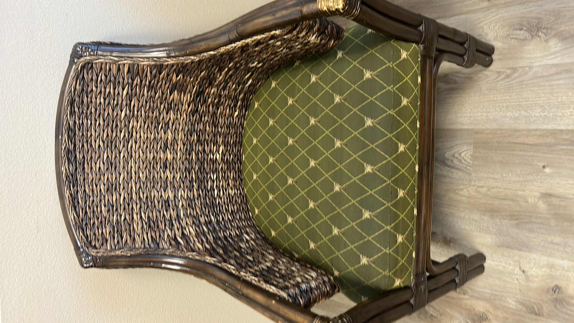 Photo 2 of RATTAN CHAIR WITH GREEN PALM TREE UPHOLSTERY 24.50 x 24.5” x H33”